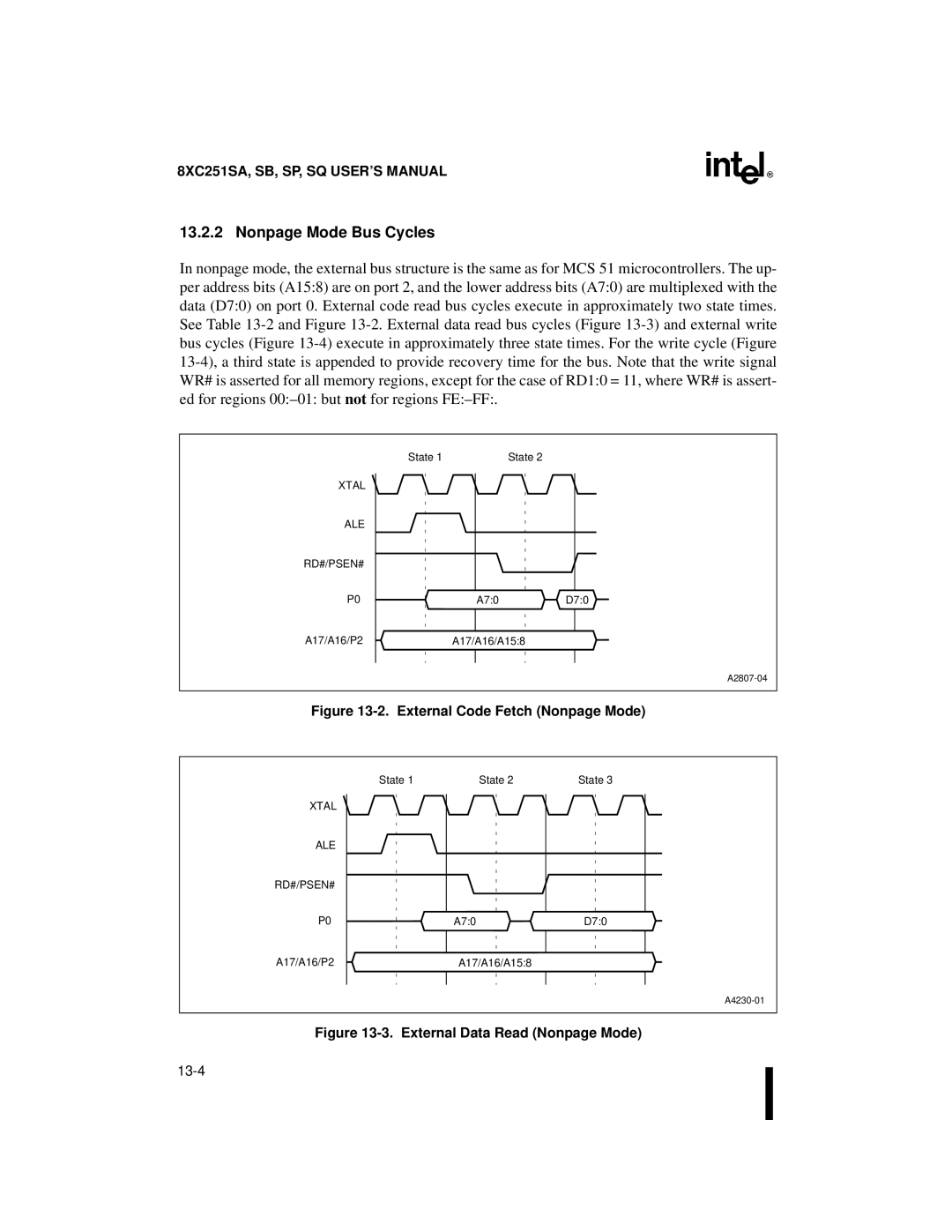 Intel 8XC251SQ, 8XC251SA, 8XC251SP, 8XC251SB manual Nonpage Mode Bus Cycles, External Code Fetch Nonpage Mode 