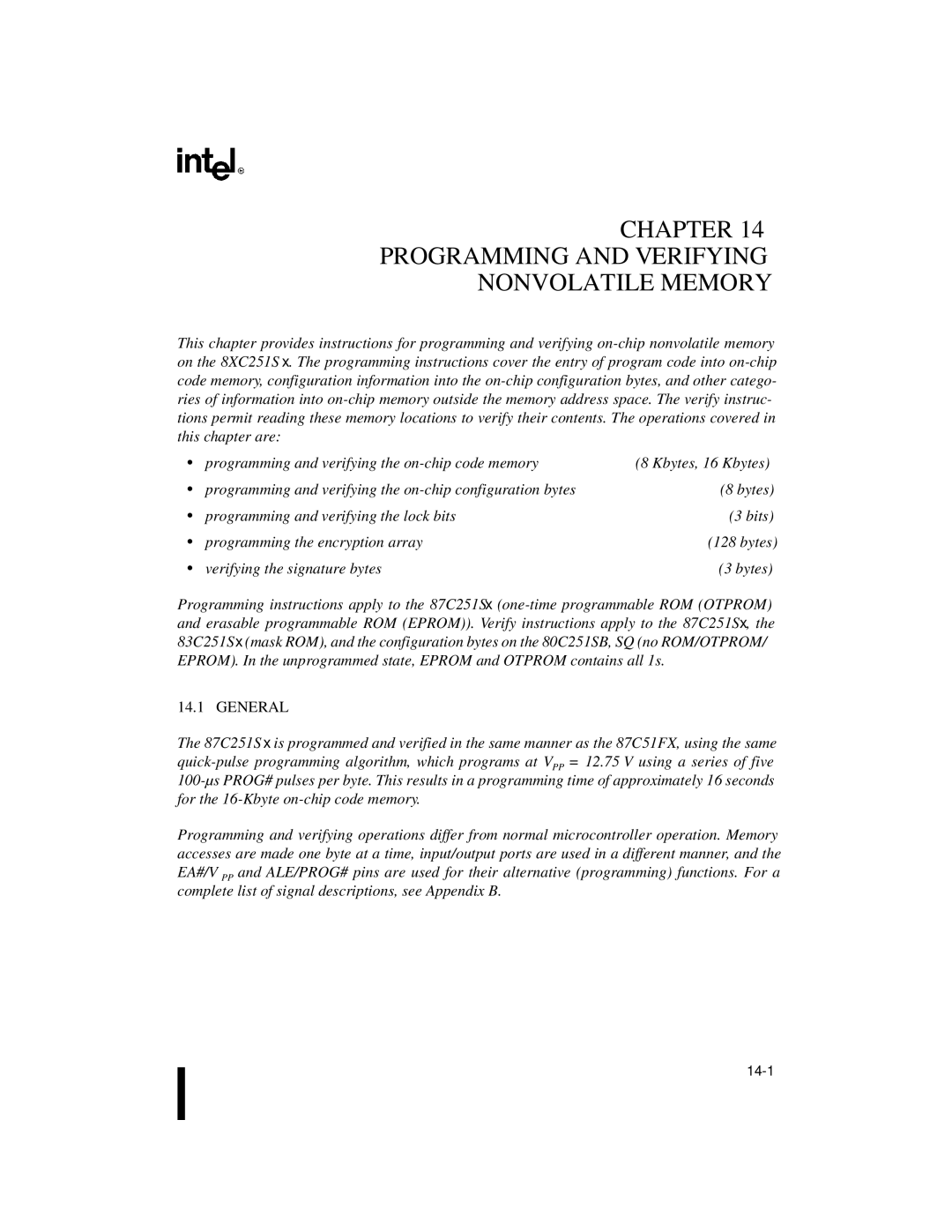 Intel 8XC251SP, 8XC251SA, 8XC251SQ, 8XC251SB, Embedded Microcontroller Chapter Programming and Verifying Nonvolatile Memory 