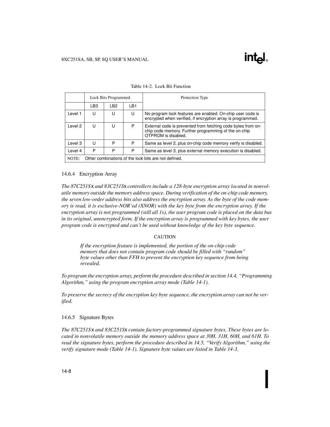 Intel 8XC251SB Encryption Array, Signature Bytes, Lock Bit Function, Lock Bits Programmed Protection Type, LB3 LB2 LB1 