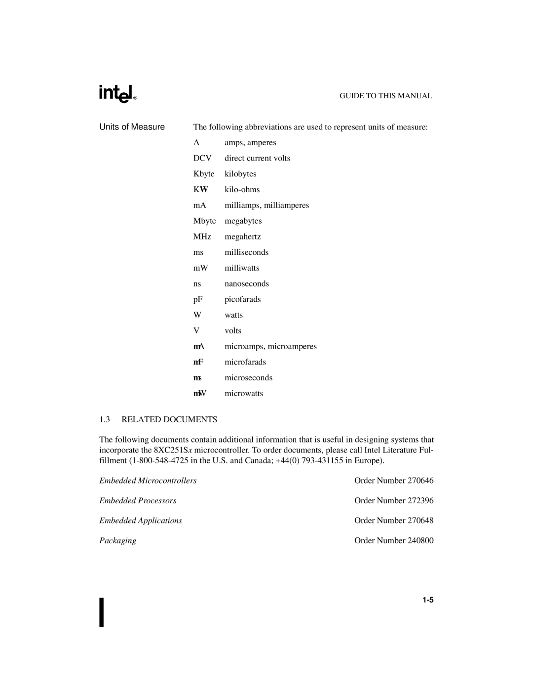 Intel 8XC251SA, 8XC251SP, 8XC251SQ, 8XC251SB, Embedded Microcontroller manual Units of Measure, Related Documents 