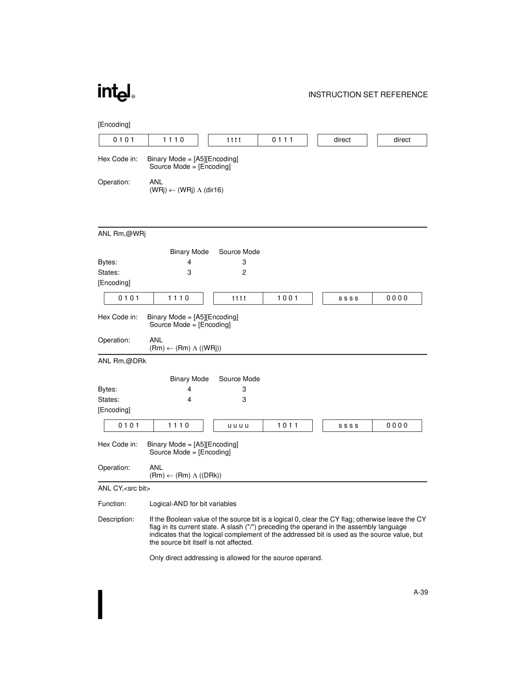 Intel 8XC251SP manual ANL Rm,@WRj Binary Mode Source Mode Bytes States Encoding, ANL Rm,@DRk Binary Mode, ANL CY,src-bit 