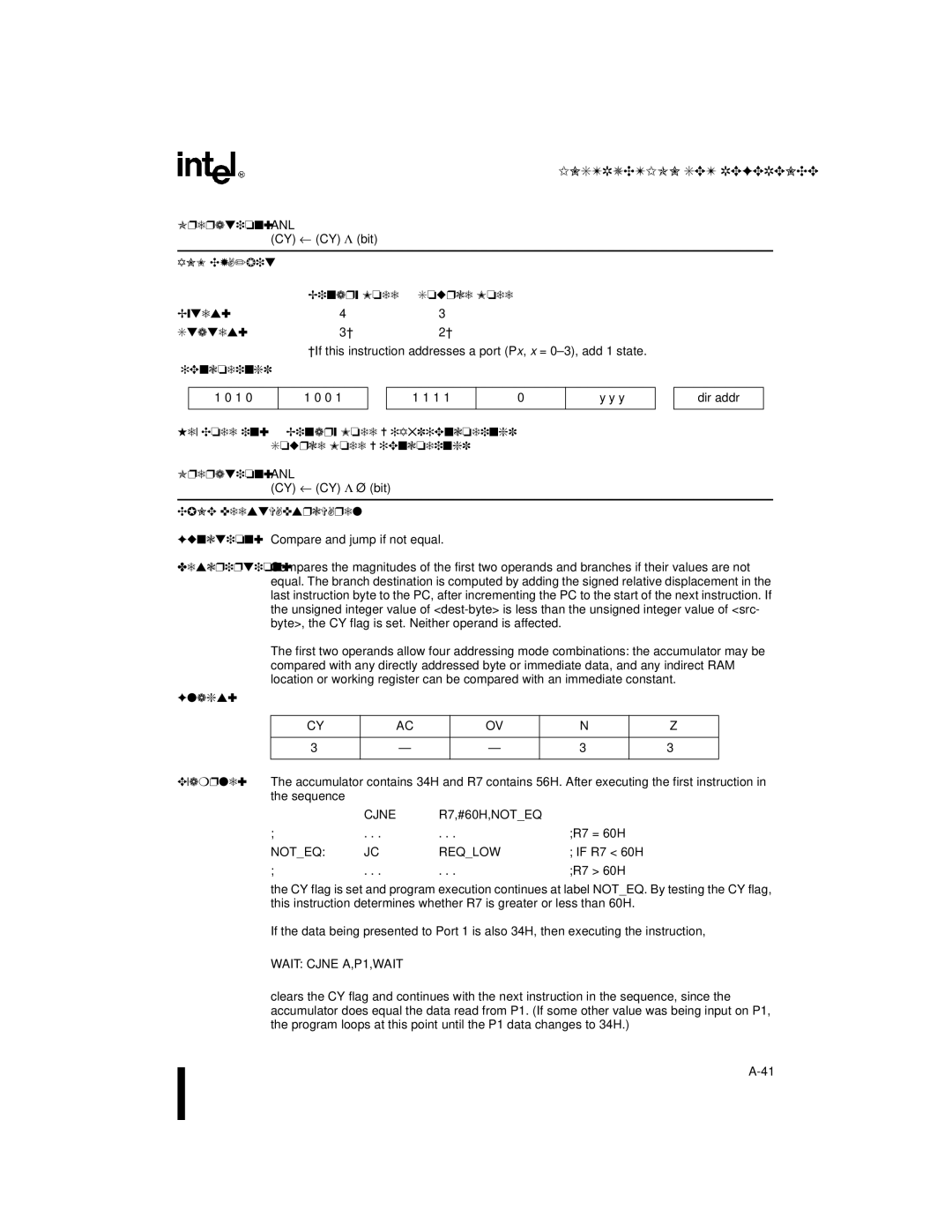 Intel 8XC251SB, 8XC251SA ANL CY,/bit Binary Mode Source Mode Bytes States, Cjne dest,src,rel, Reqlow, Wait Cjne A,P1,WAIT 