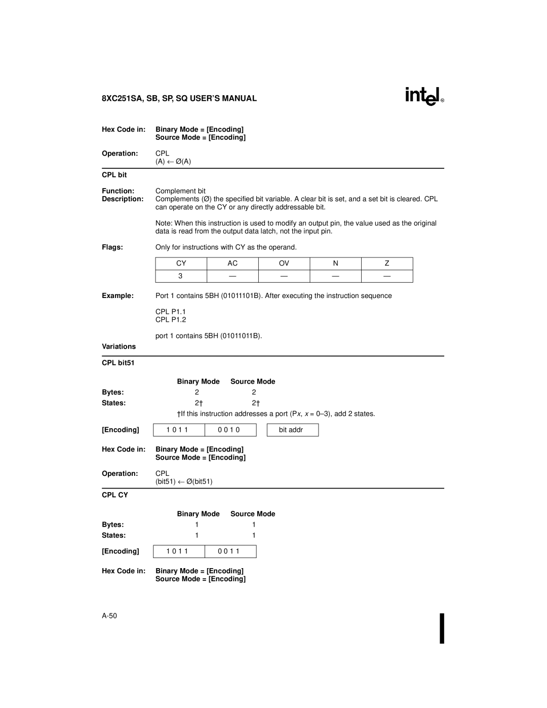 Intel 8XC251SQ, 8XC251SA, 8XC251SP, 8XC251SB, Embedded Microcontroller manual Cpl Cy 