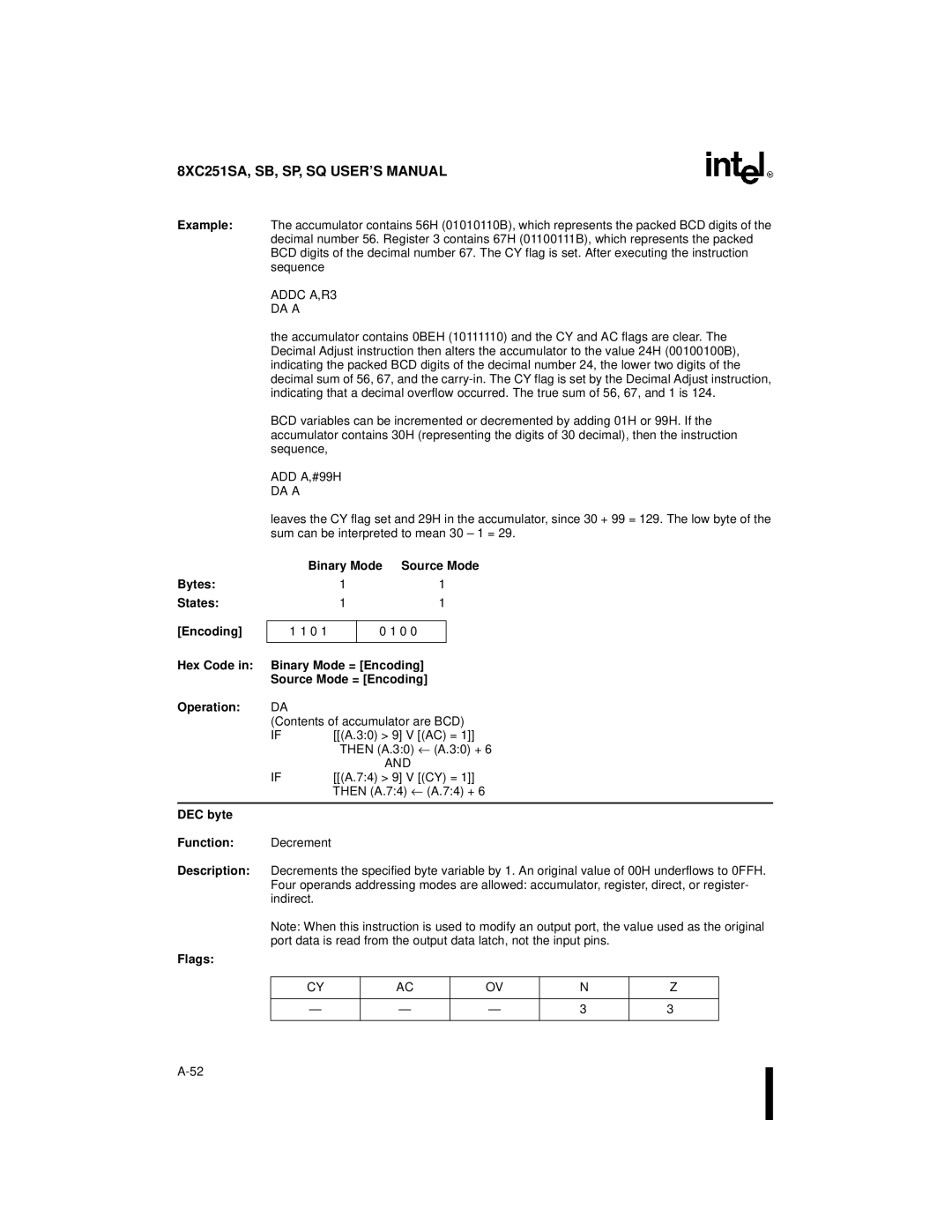 Intel Embedded Microcontroller, 8XC251SA, 8XC251SP, 8XC251SQ, 8XC251SB manual Addc A,R3 DA a, DEC byte Function 