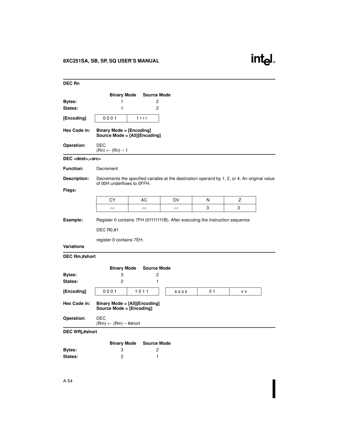 Intel 8XC251SP, 8XC251SA, 8XC251SQ, 8XC251SB DEC Rn Bytes States Encoding, DEC dest,src Function Decrement, DEC WRj,#short 