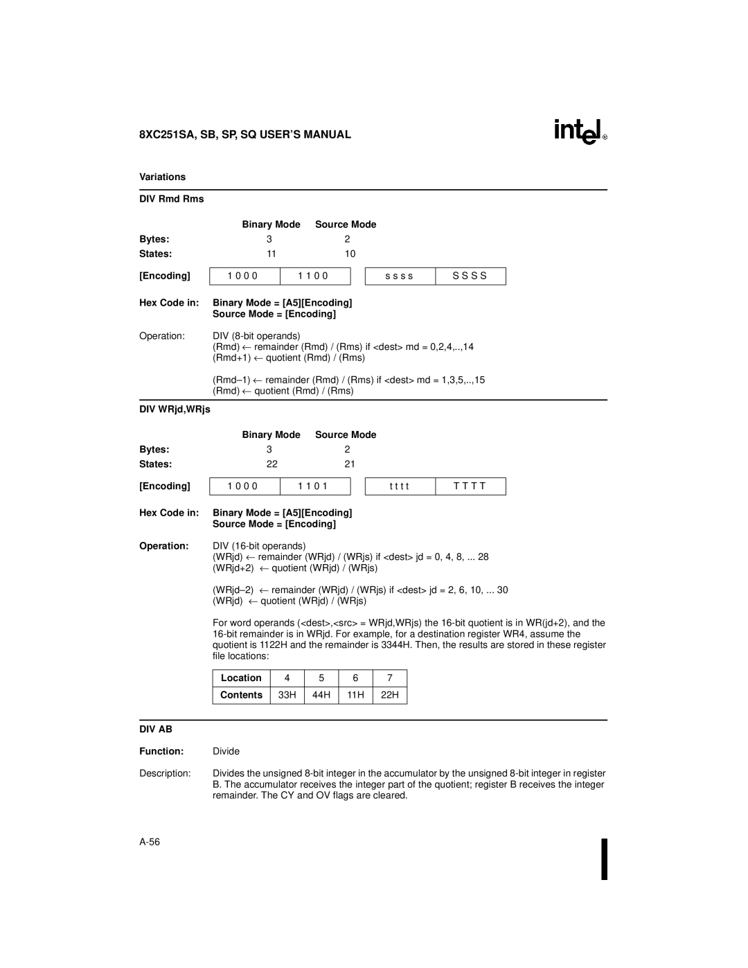 Intel 8XC251SB, 8XC251SA, 8XC251SP, 8XC251SQ manual Binary Mode = A5Encoding Source Mode = Encoding, Location Contents 