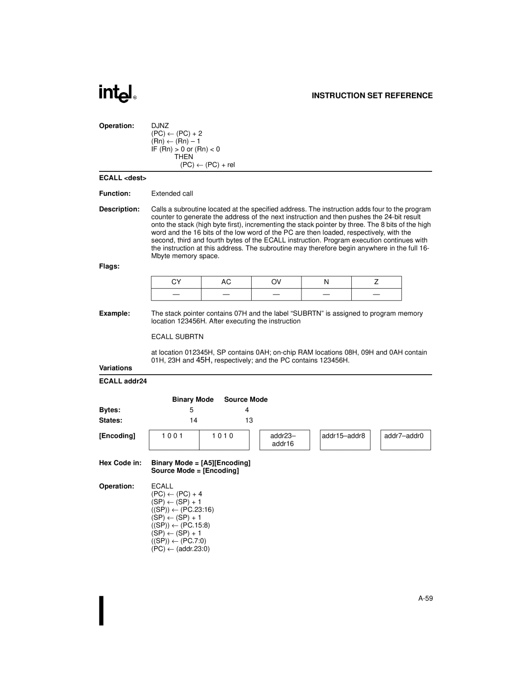 Intel 8XC251SP, 8XC251SA, 8XC251SQ, 8XC251SB, Embedded Microcontroller manual Ecall dest Function, Ecall Subrtn 