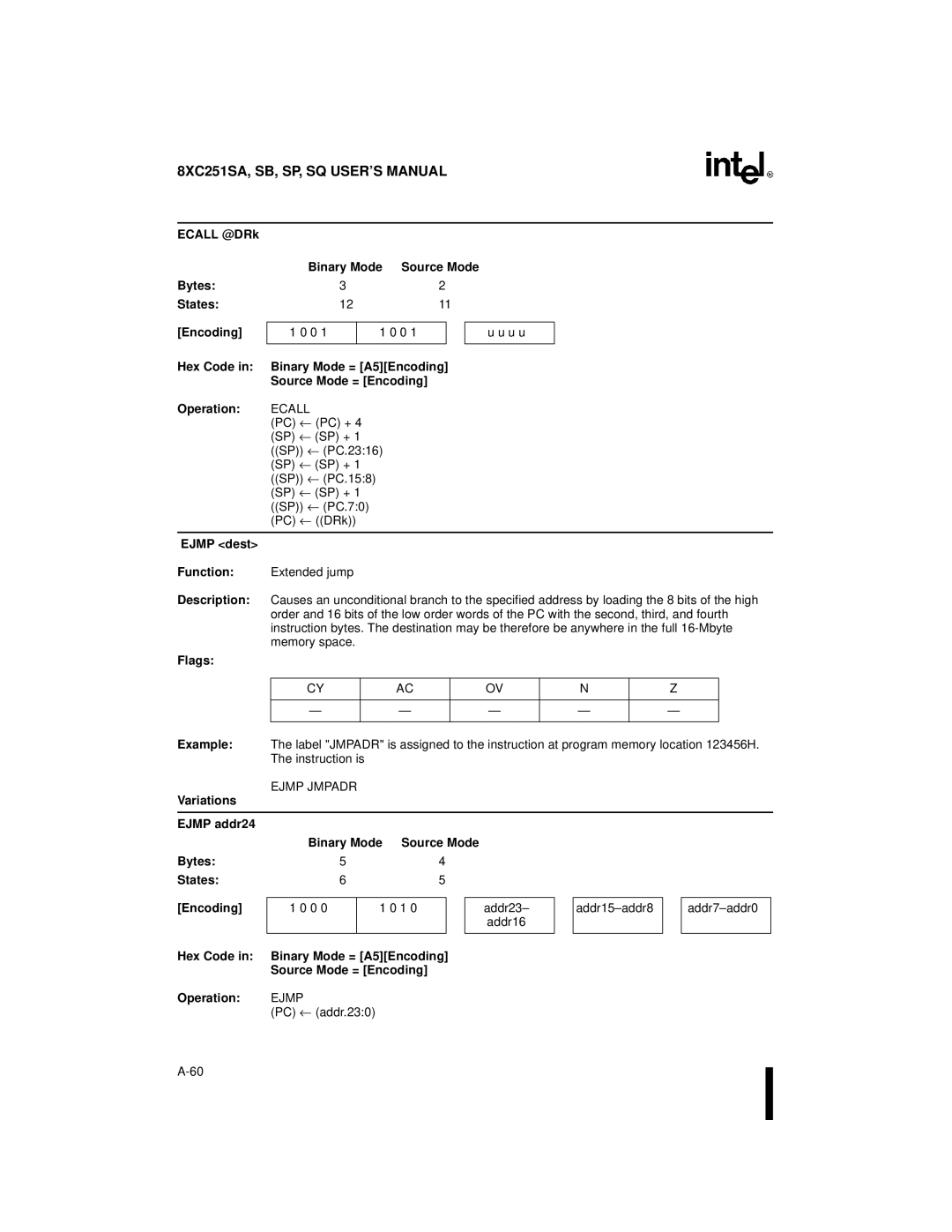 Intel 8XC251SQ, 8XC251SA manual Ecall @DRk Binary Mode Source Mode Bytes States Encoding, Ejmp dest Function, Ejmp Jmpadr 
