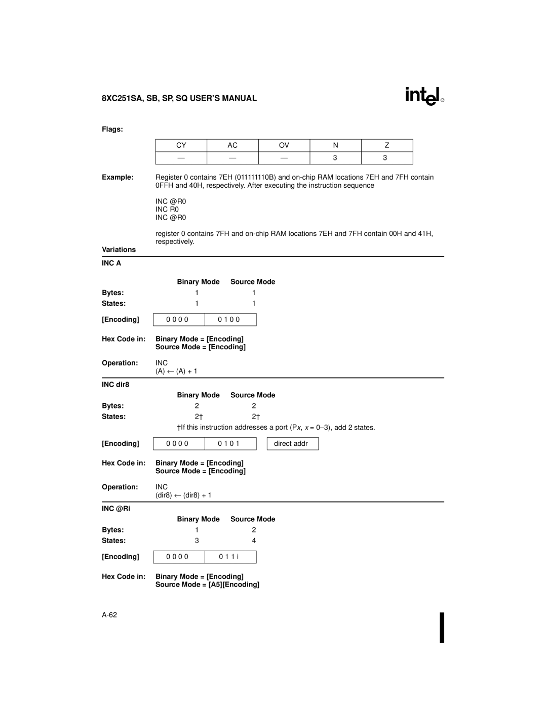 Intel Embedded Microcontroller INC @R0 INC R0, INC a, Inc, ← a + INC dir8 Binary Mode, Dir8 ← dir8 + INC @Ri Binary Mode 