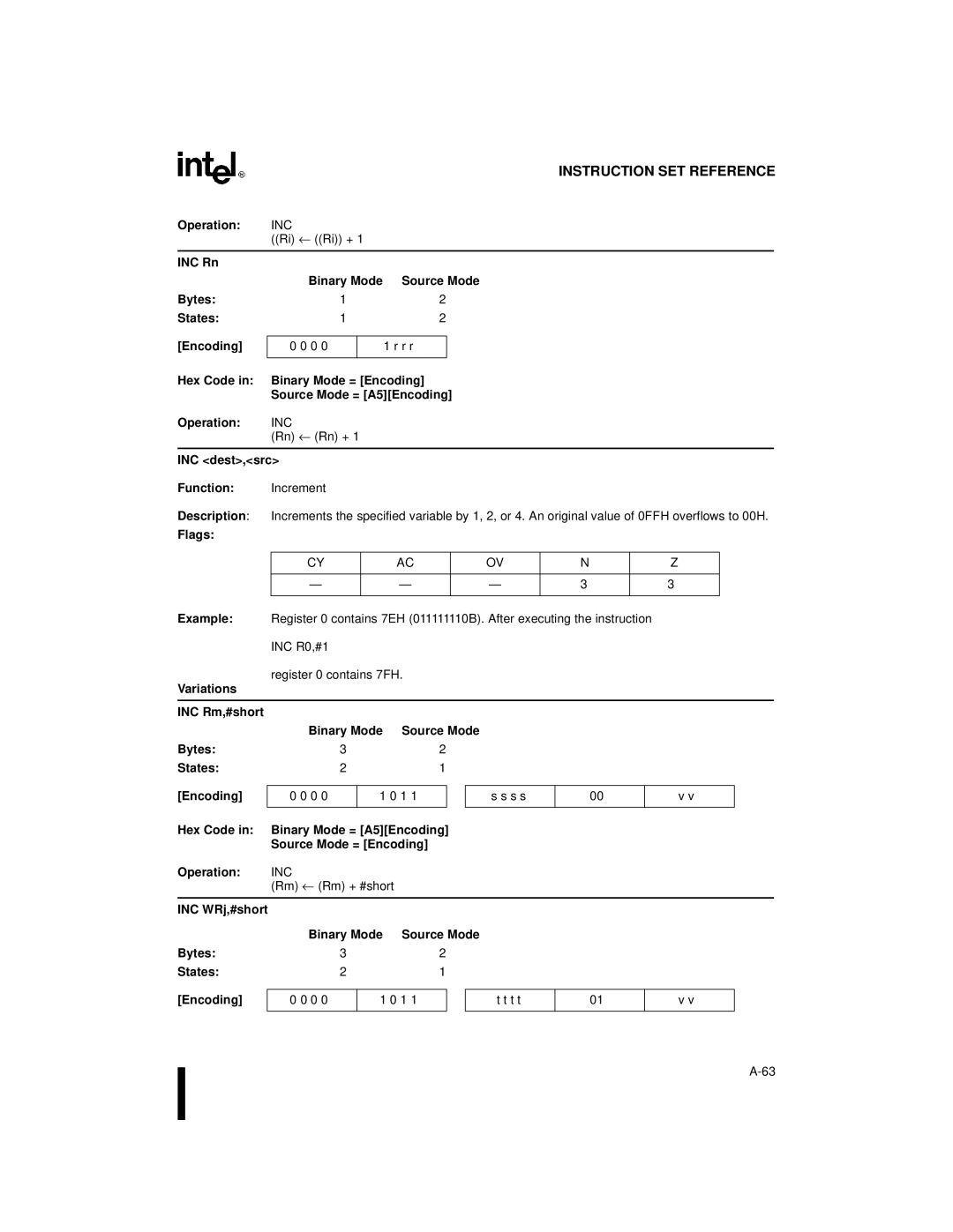 Intel 8XC251SA, 8XC251SP, 8XC251SQ, 8XC251SB INC Rn Binary Mode, INC dest,src Function Increment, INC WRj,#short Binary Mode 