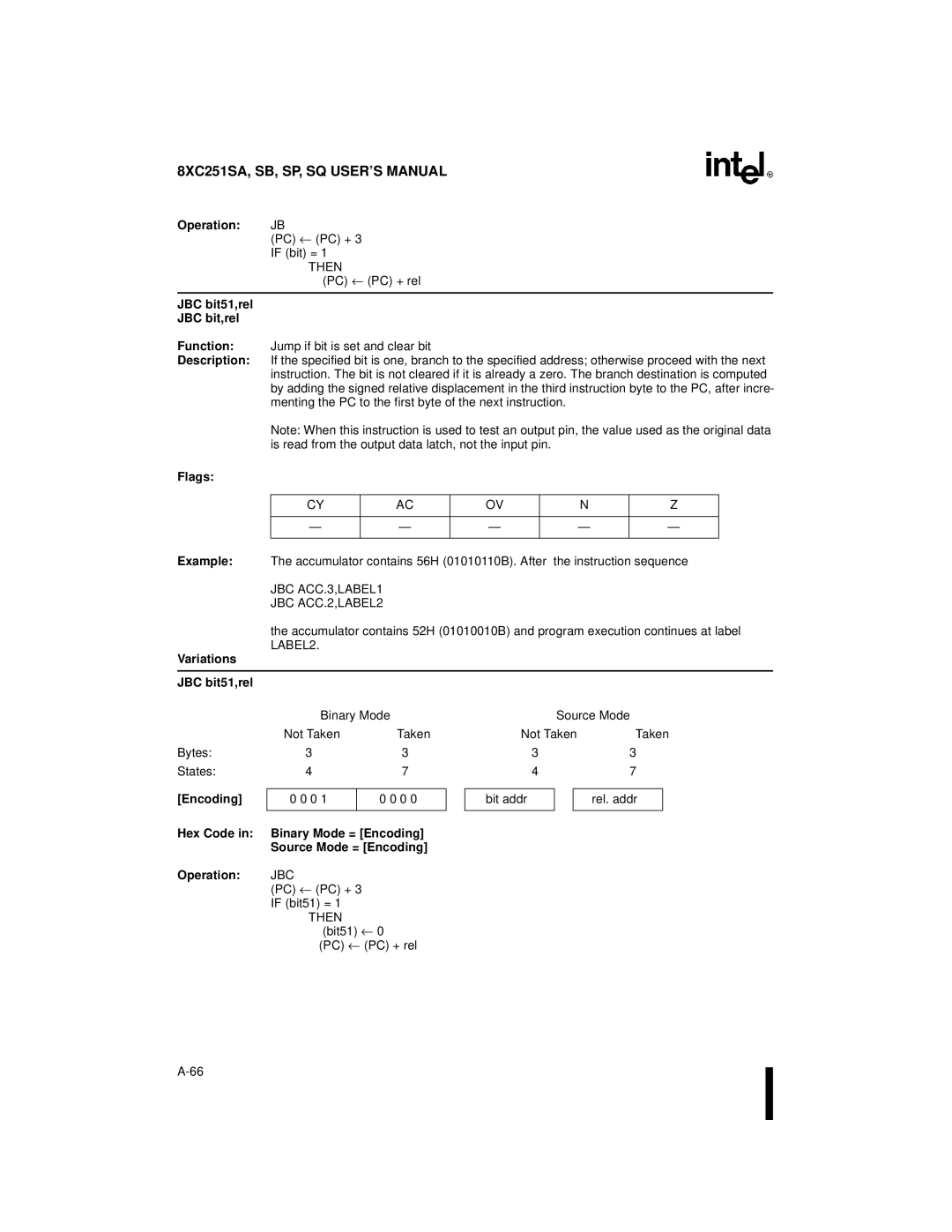 Intel 8XC251SB, 8XC251SA, 8XC251SP, 8XC251SQ manual JBC bit51,rel JBC bit,rel, JBC ACC.3,LABEL1 JBC ACC.2,LABEL2 