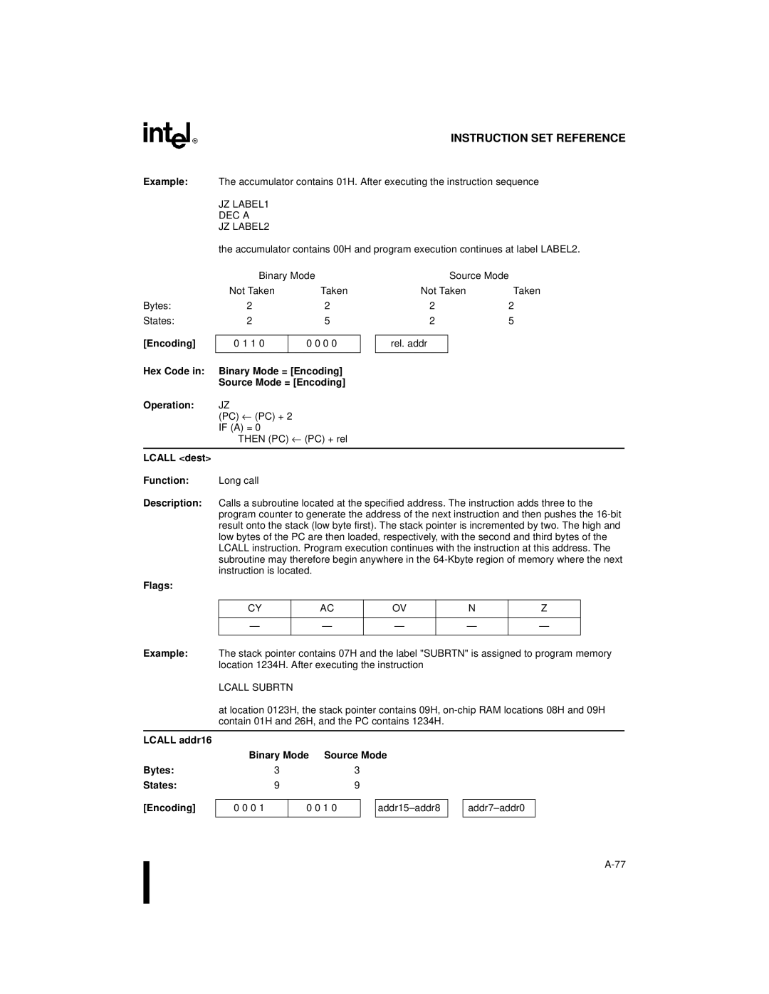 Intel Embedded Microcontroller JZ LABEL1 DEC a JZ LABEL2, Lcall dest Function, Lcall Subrtn, Lcall addr16 Binary Mode 