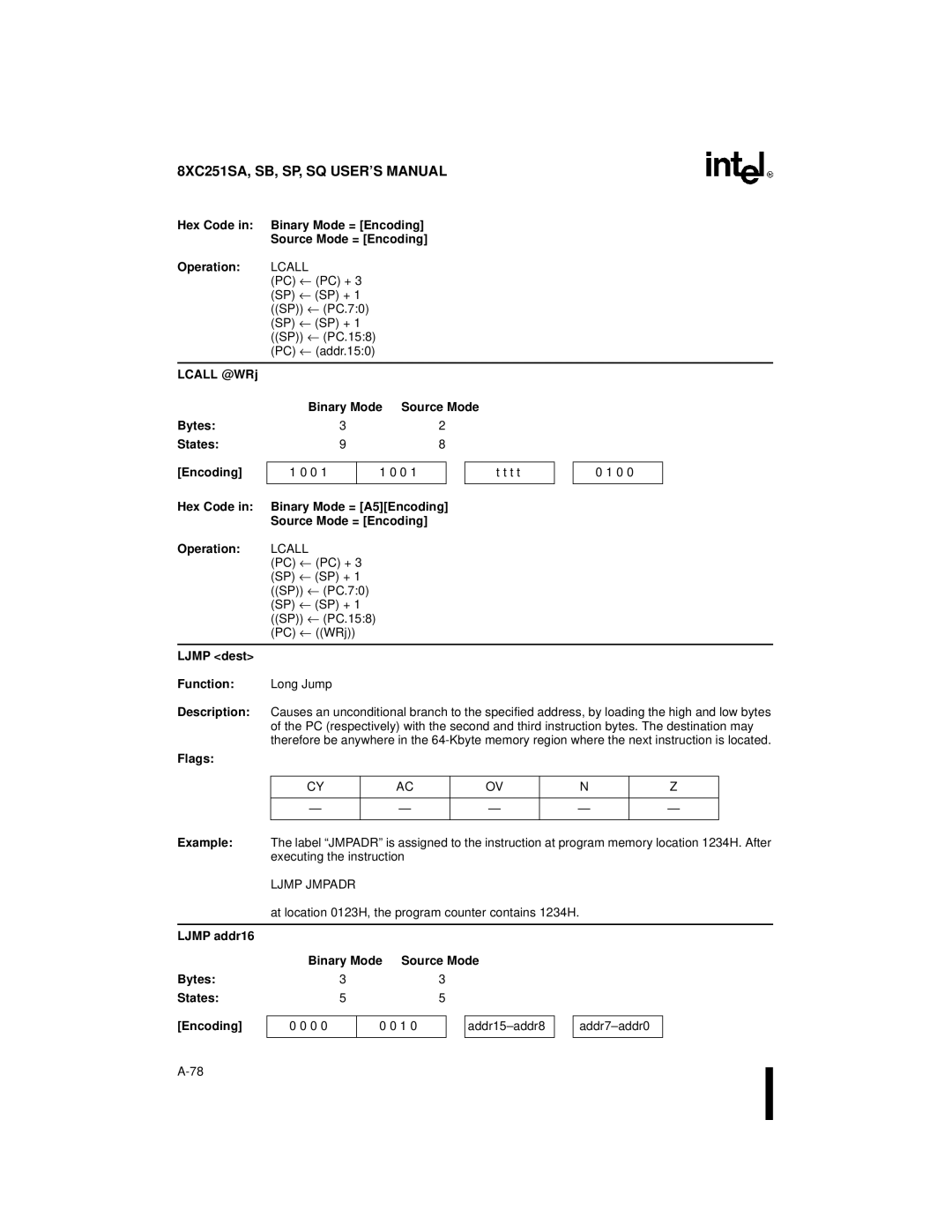 Intel 8XC251SA Lcall @WRj Binary Mode Source Mode Bytes States Encoding, Source Mode = Encoding Operation, Ljmp Jmpadr 