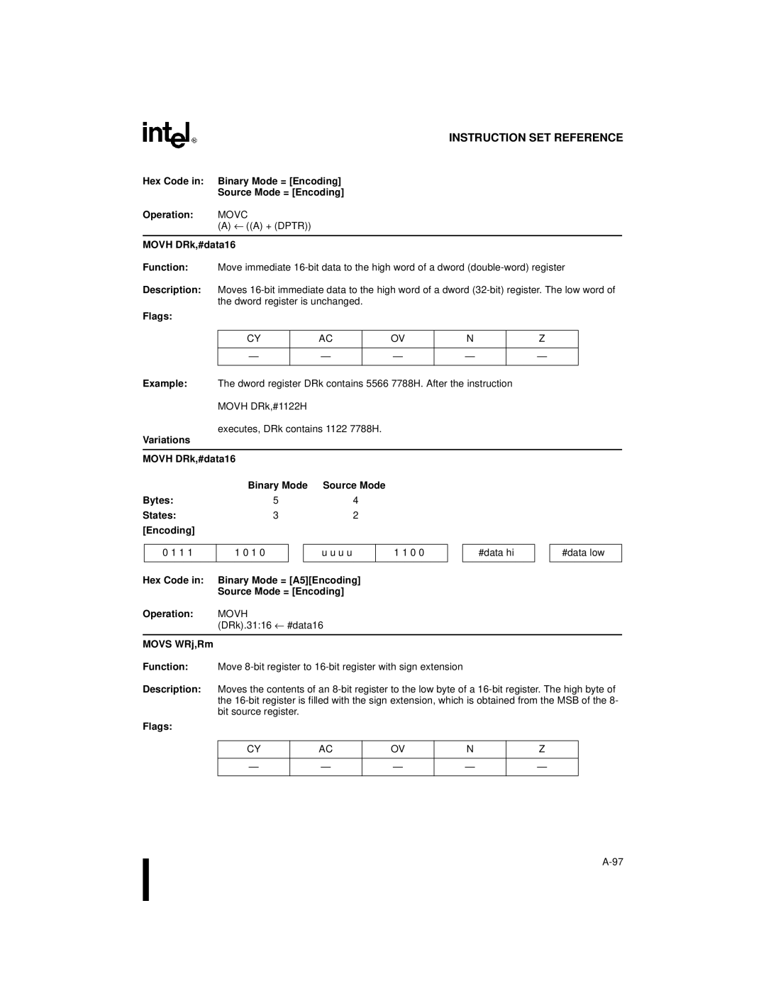 Intel Embedded Microcontroller, 8XC251SA, 8XC251SP, 8XC251SQ manual Variations Movh DRk,#data16 Binary Mode, Movs WRj,Rm 