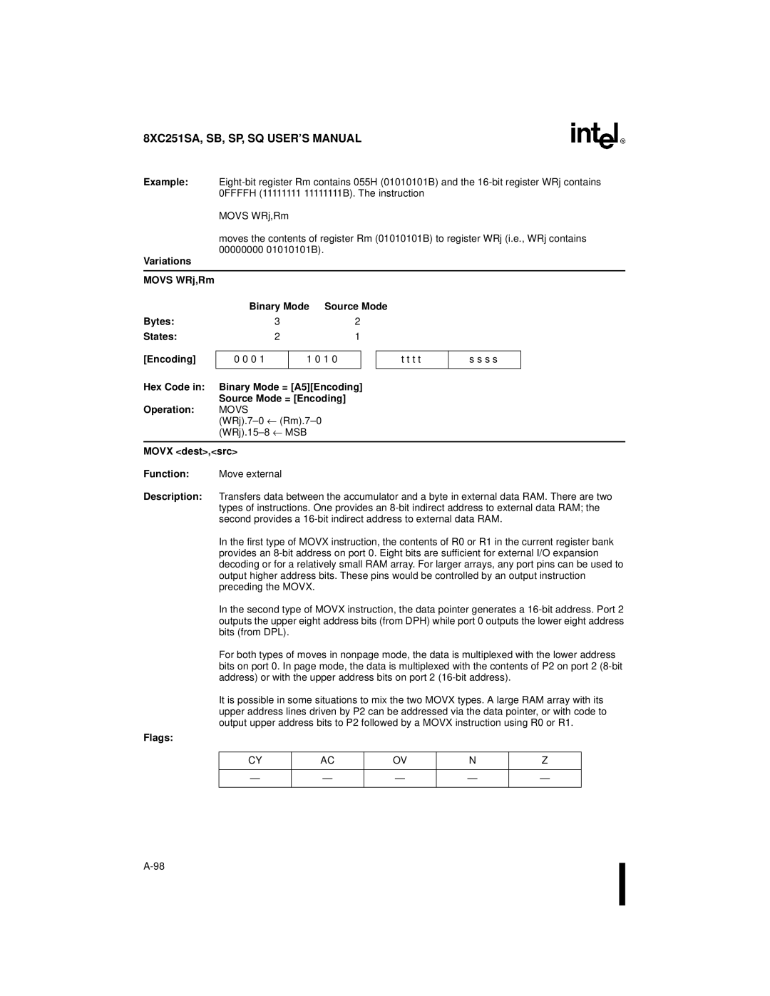 Intel 8XC251SA, 8XC251SP, 8XC251SQ, 8XC251SB, Embedded Microcontroller manual Movs, Movx dest,src Function 