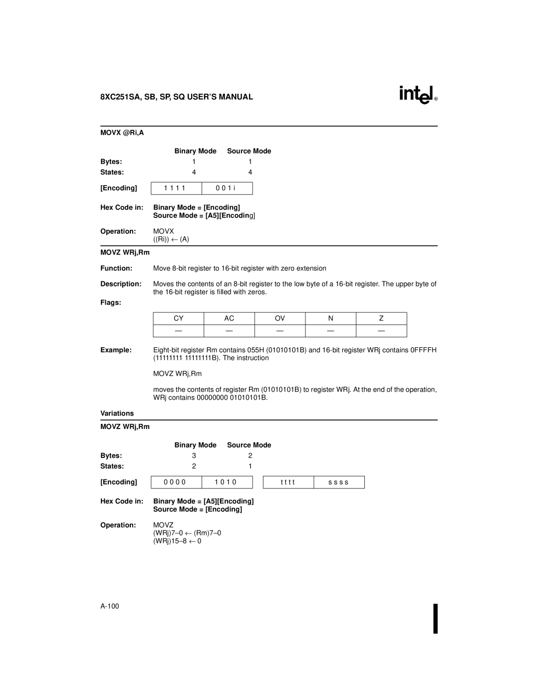 Intel 8XC251SQ, 8XC251SA, 8XC251SP, 8XC251SB, Embedded Microcontroller manual Movz WRj,Rm 