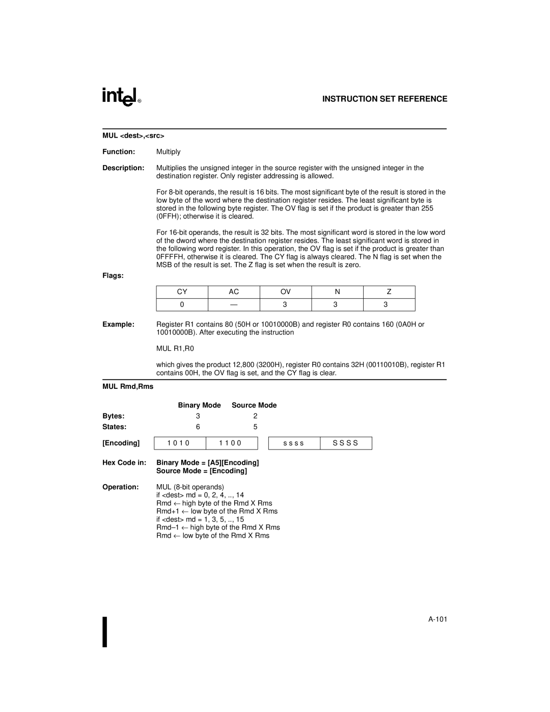 Intel 8XC251SB, 8XC251SA, 8XC251SP, 8XC251SQ, Embedded Microcontroller manual MUL dest,src Function Multiply, MUL R1,R0 