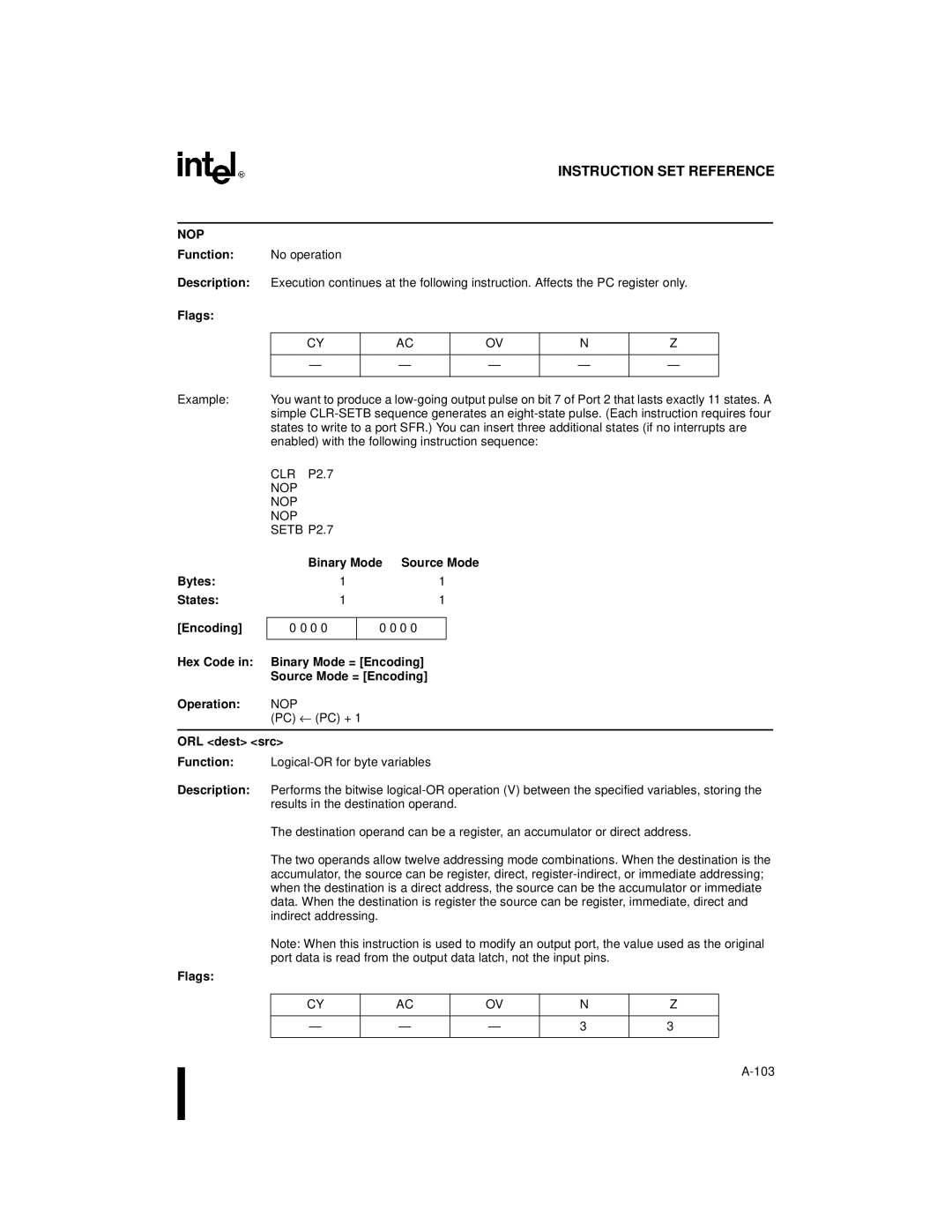 Intel 8XC251SA Nop, Function Description Flags, Bytes States Encoding Hex Code Operation, NOP Setb P2.7, ORL dest src 