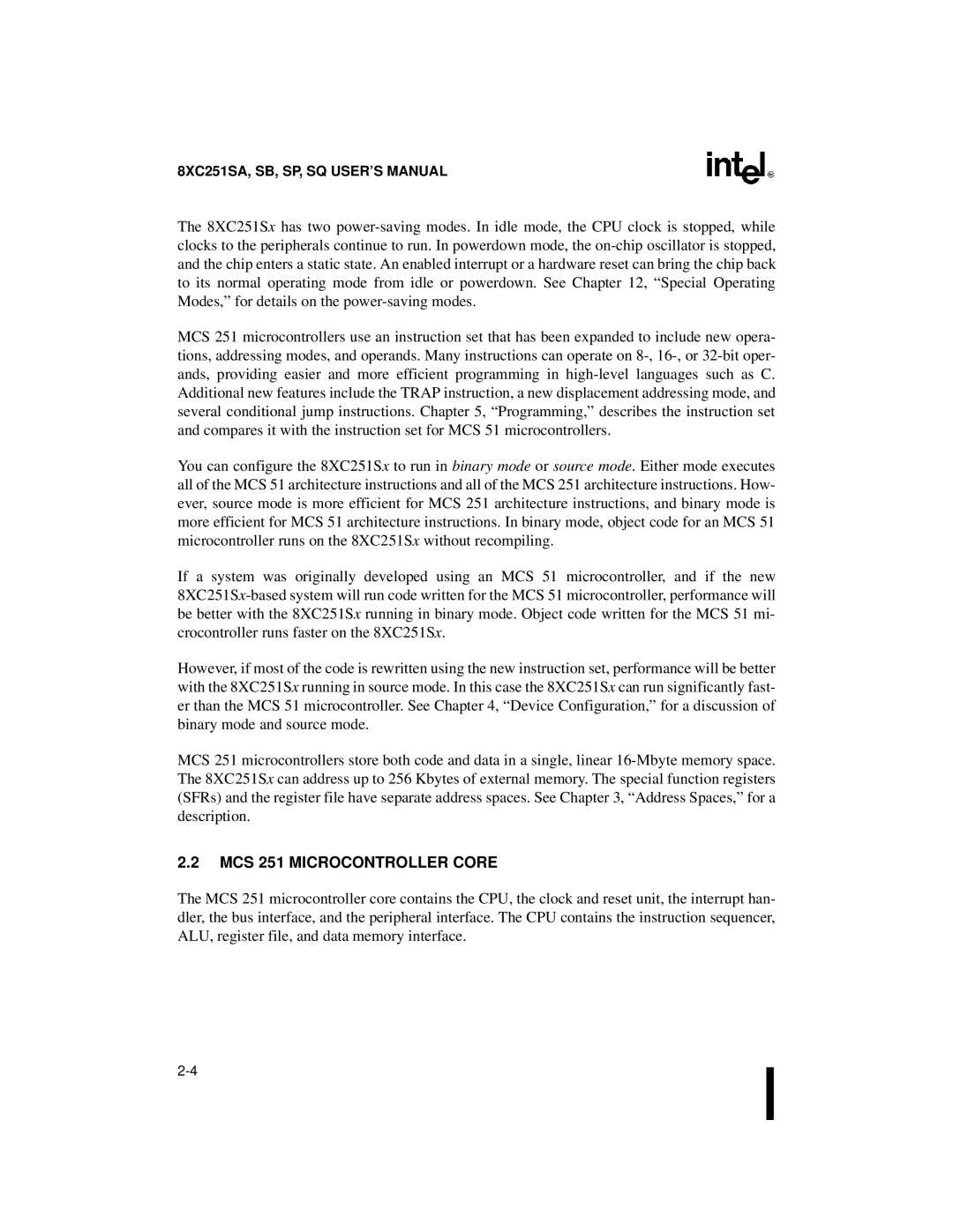 Intel 8XC251SP, 8XC251SA, 8XC251SQ, 8XC251SB, Embedded Microcontroller manual MCS 251 Microcontroller Core 