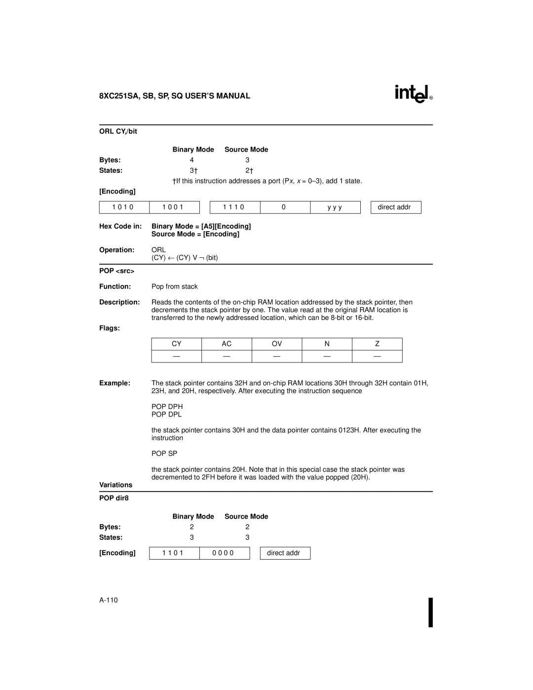 Intel 8XC251SQ, 8XC251SA manual ORL CY,/bit Binary Mode Source Mode Bytes States, POP src Function, Pop Dph Pop Dpl, Pop Sp 