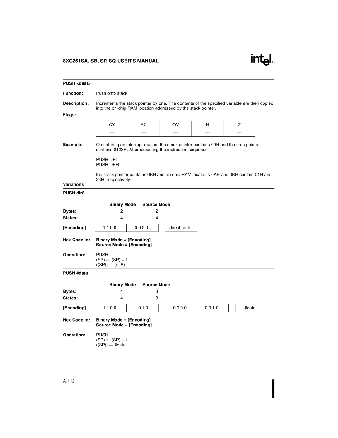 Intel Embedded Microcontroller, 8XC251SA Push dest Function, Push DPL Push DPH, Push #data Binary Mode, Operation Push 