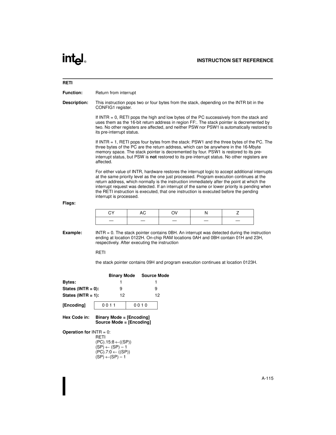 Intel 8XC251SQ, 8XC251SA, 8XC251SP, 8XC251SB, Embedded Microcontroller manual Reti, Flags 