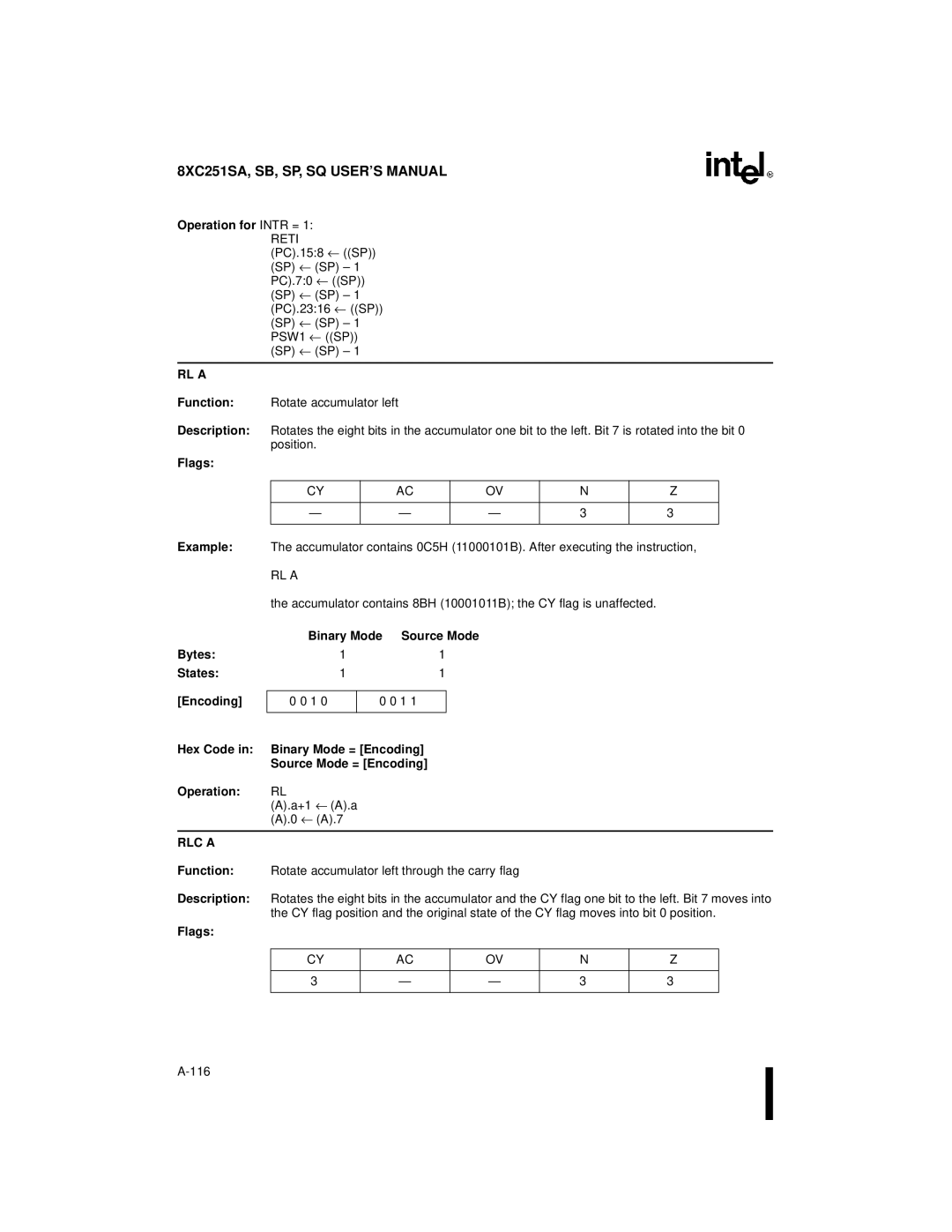 Intel 8XC251SB, 8XC251SA, 8XC251SP, 8XC251SQ, Embedded Microcontroller manual RL a, RLC a 