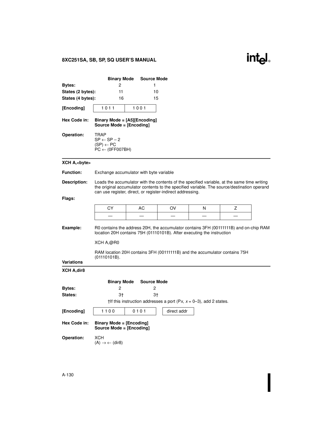 Intel 8XC251SQ, 8XC251SA, 8XC251SP, 8XC251SB manual XCH A,byte, XCH A,@R0, Binary Mode = Encoding Source Mode = Encoding 