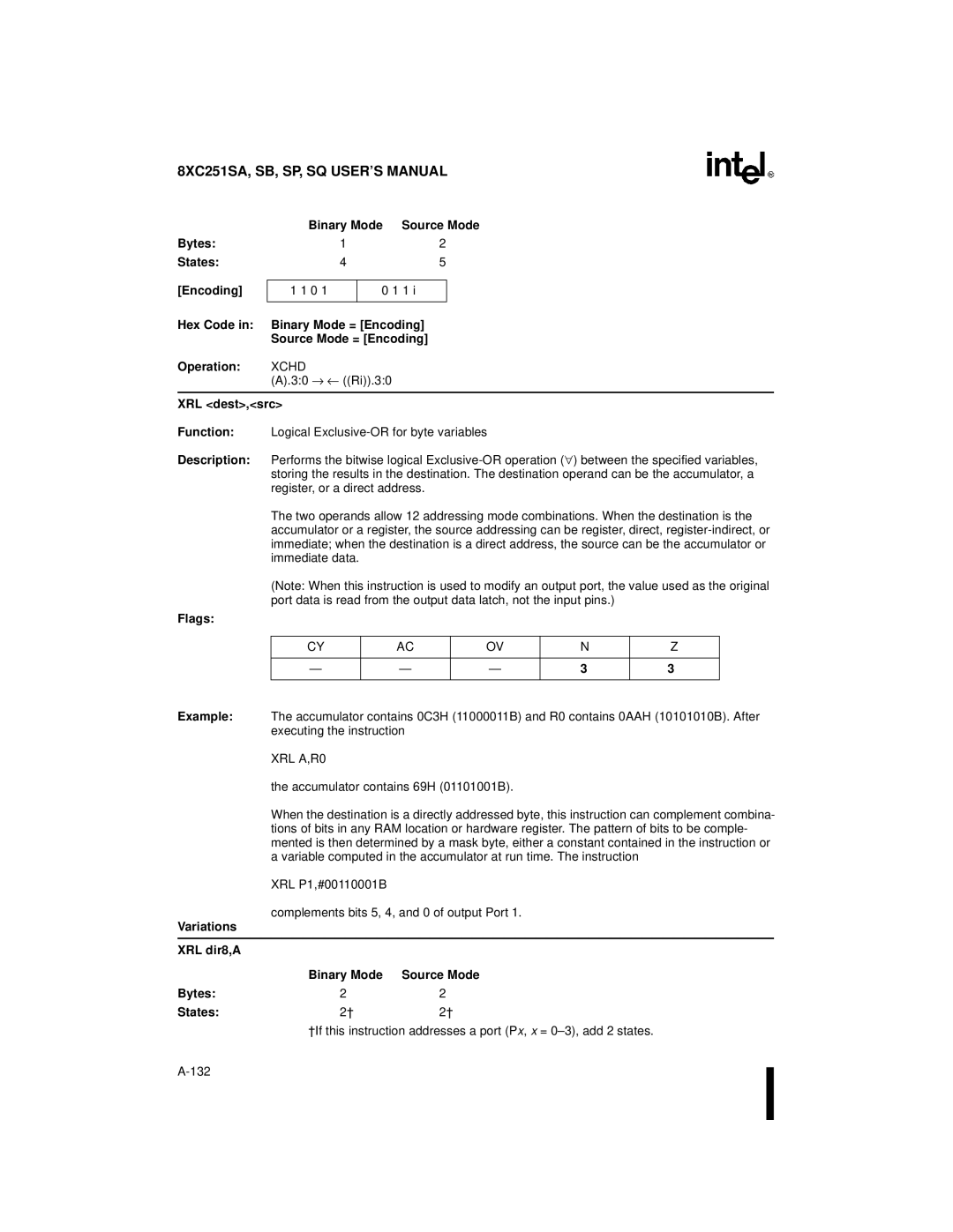 Intel Embedded Microcontroller, 8XC251SA, 8XC251SP, 8XC251SQ manual XRL A,R0, XRL dir8,A Binary Mode Source Mode Bytes States 