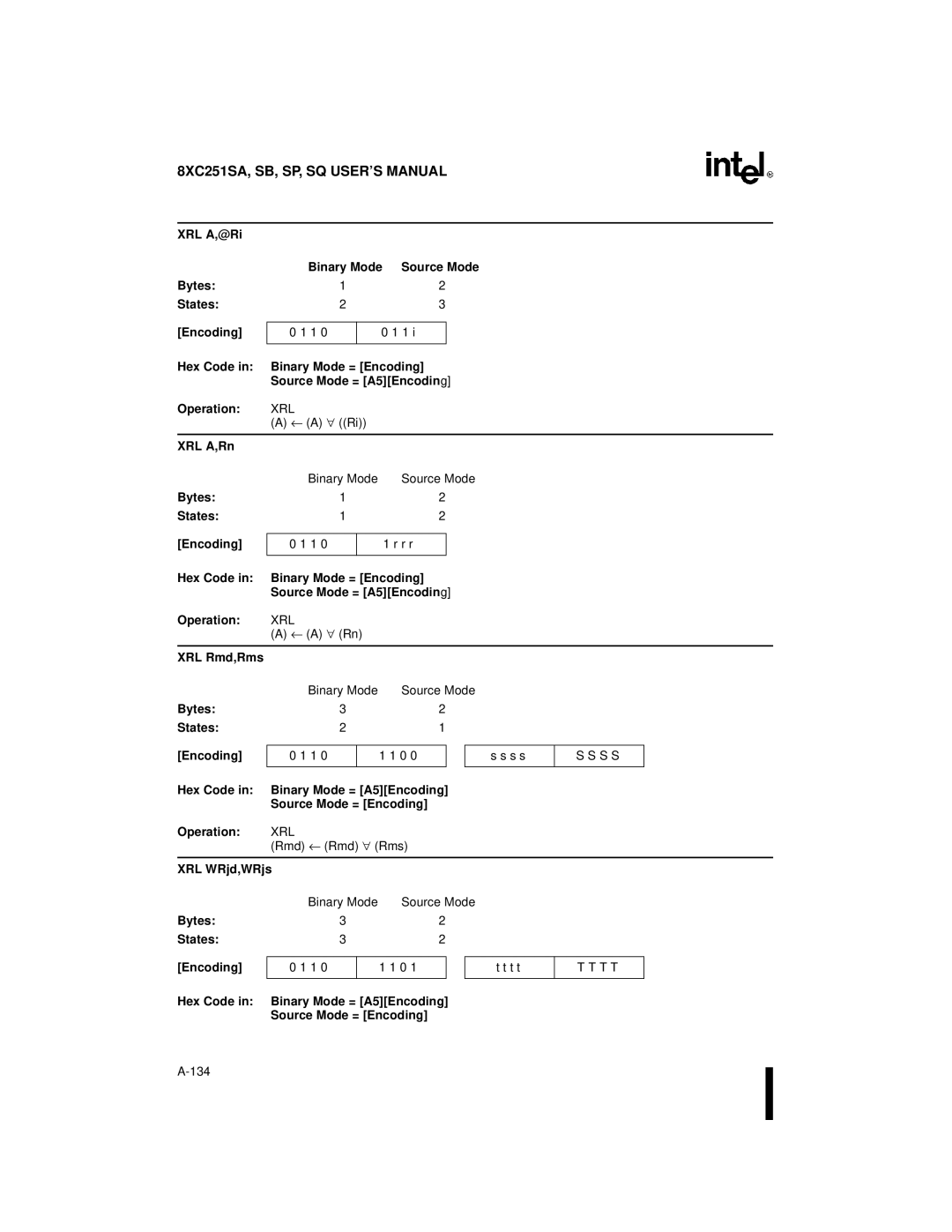 Intel 8XC251SP, 8XC251SA, 8XC251SQ, 8XC251SB, Embedded Microcontroller manual XRL A,Rn, XRL WRjd,WRjs 