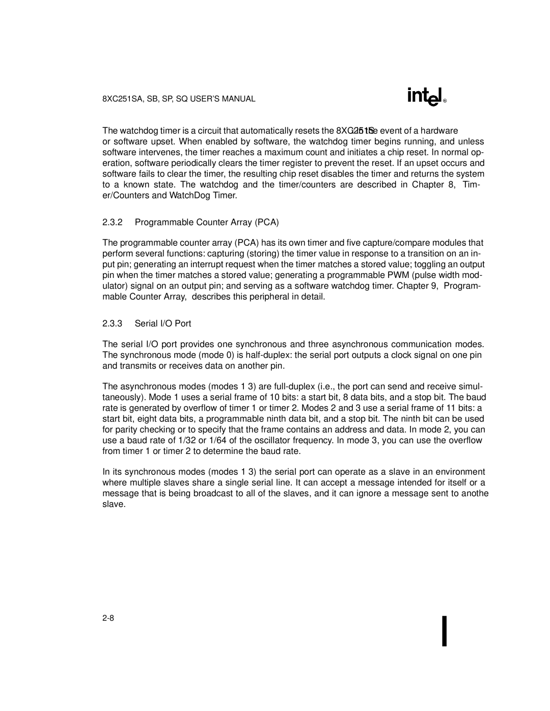 Intel 8XC251SA, 8XC251SP, 8XC251SQ, 8XC251SB, Embedded Microcontroller manual Programmable Counter Array PCA, Serial I/O Port 