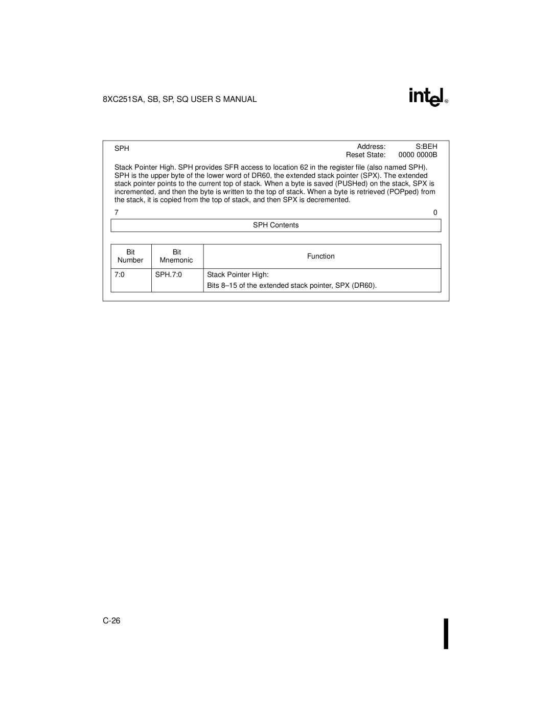 Intel 8XC251SB, 8XC251SA, 8XC251SP, 8XC251SQ, Embedded Microcontroller manual Sph, SPH Contents, SPH.70 Stack Pointer High 