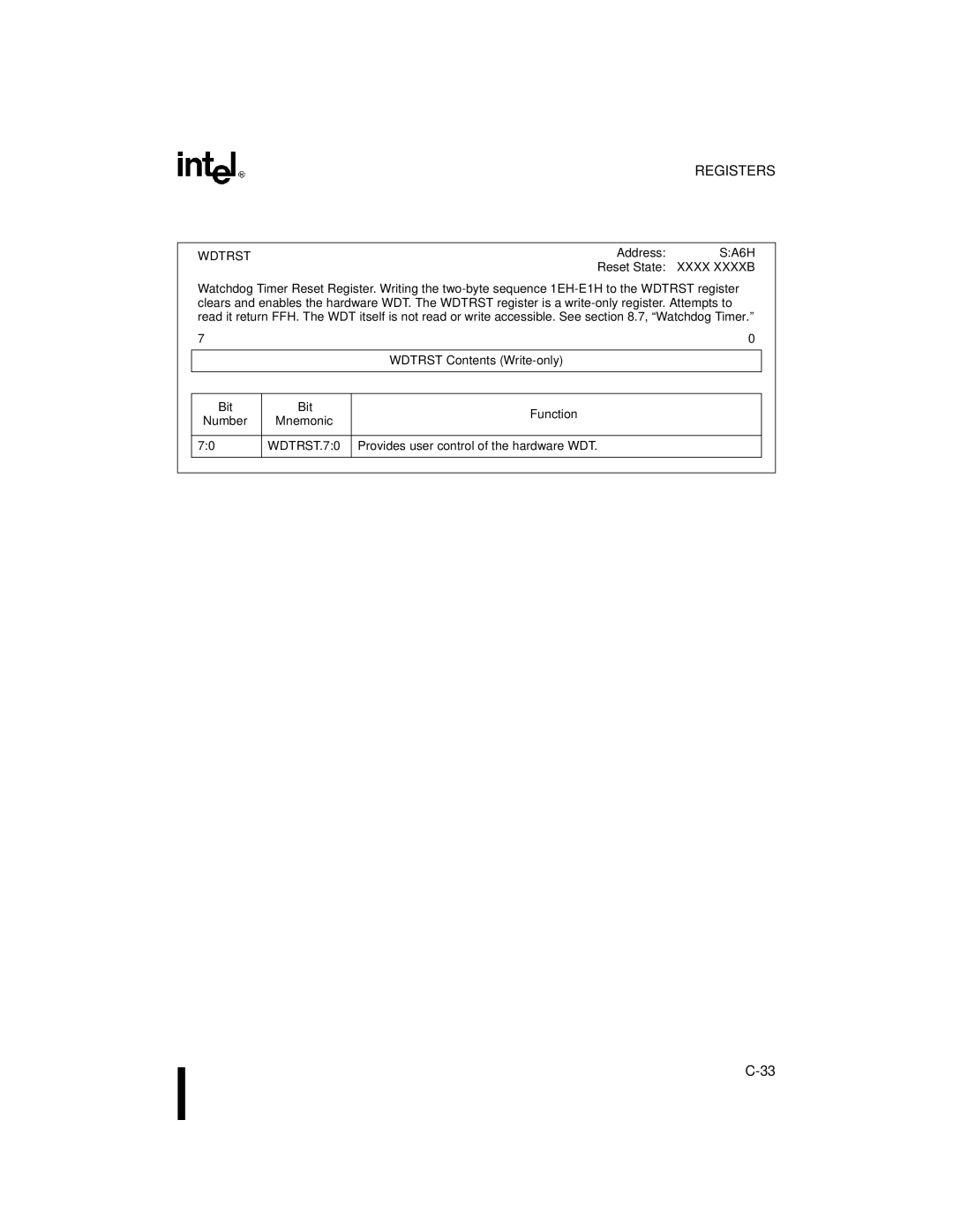 Intel 8XC251SA, 8XC251SP, 8XC251SQ, 8XC251SB, Embedded Microcontroller manual Wdtrst Contents Write-only, WDTRST.70 