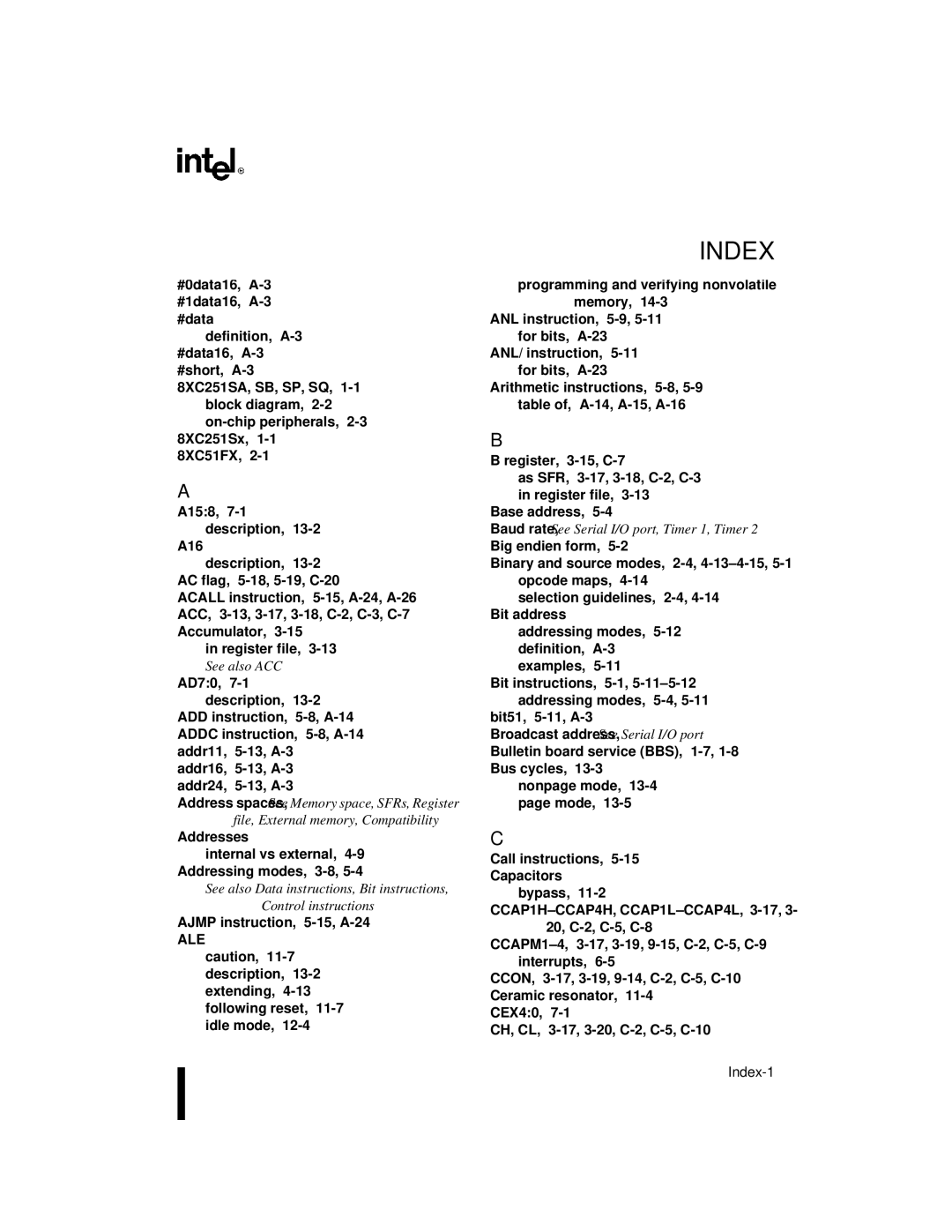 Intel Embedded Microcontroller, 8XC251SA, 8XC251SP, 8XC251SQ, 8XC251SB manual Index 