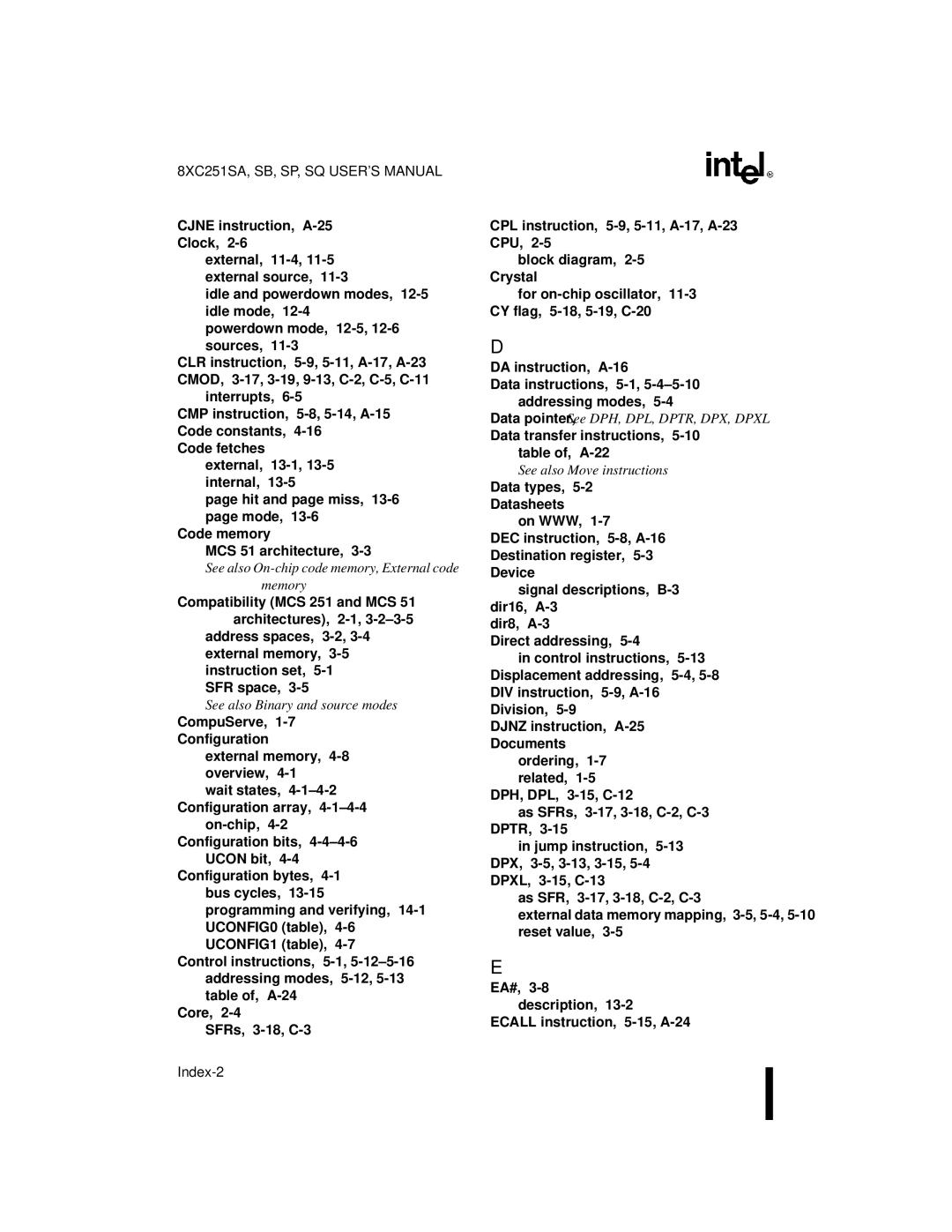 Intel 8XC251SA, 8XC251SP, 8XC251SQ, 8XC251SB, Embedded Microcontroller manual Index-2 