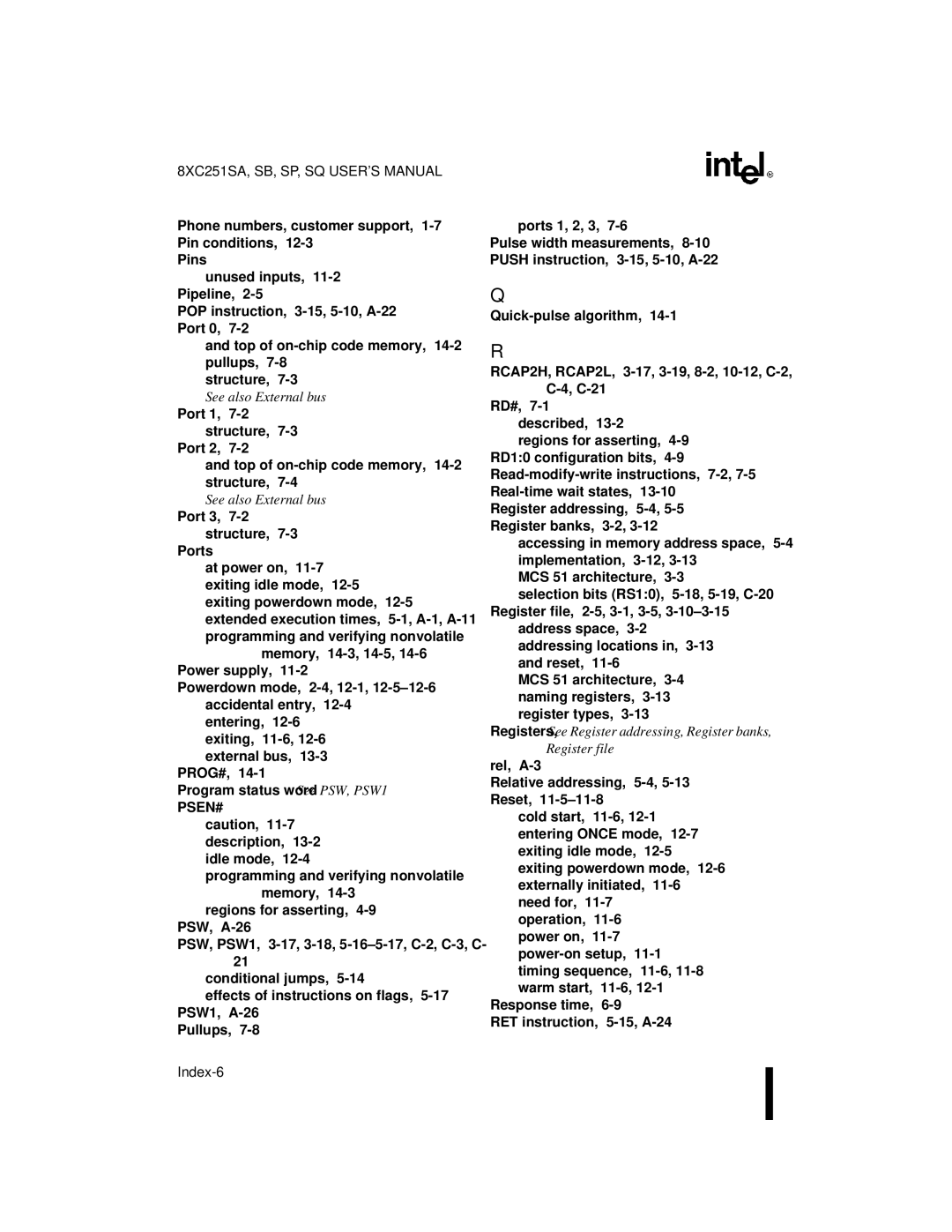 Intel Embedded Microcontroller, 8XC251SA, 8XC251SP, 8XC251SQ, 8XC251SB manual Index-6 