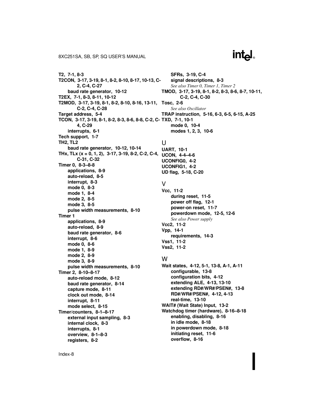 Intel 8XC251SP, 8XC251SA, 8XC251SQ, 8XC251SB, Embedded Microcontroller manual Index-8 