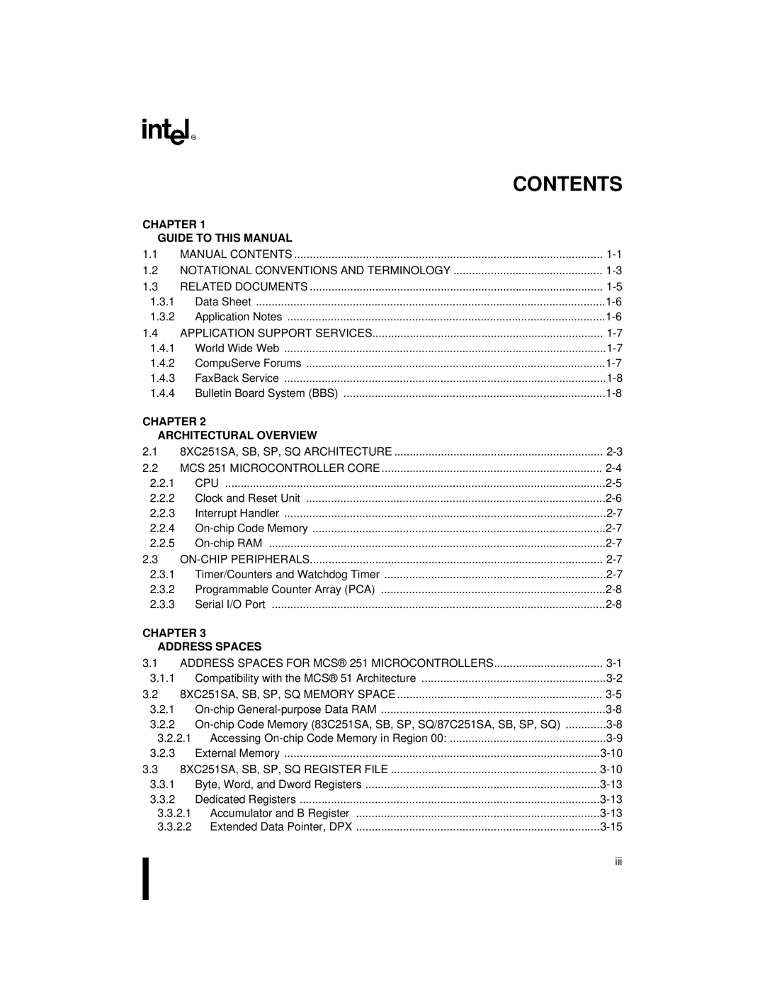 Intel 8XC251SA, 8XC251SP, 8XC251SQ, 8XC251SB, Embedded Microcontroller manual Contents 