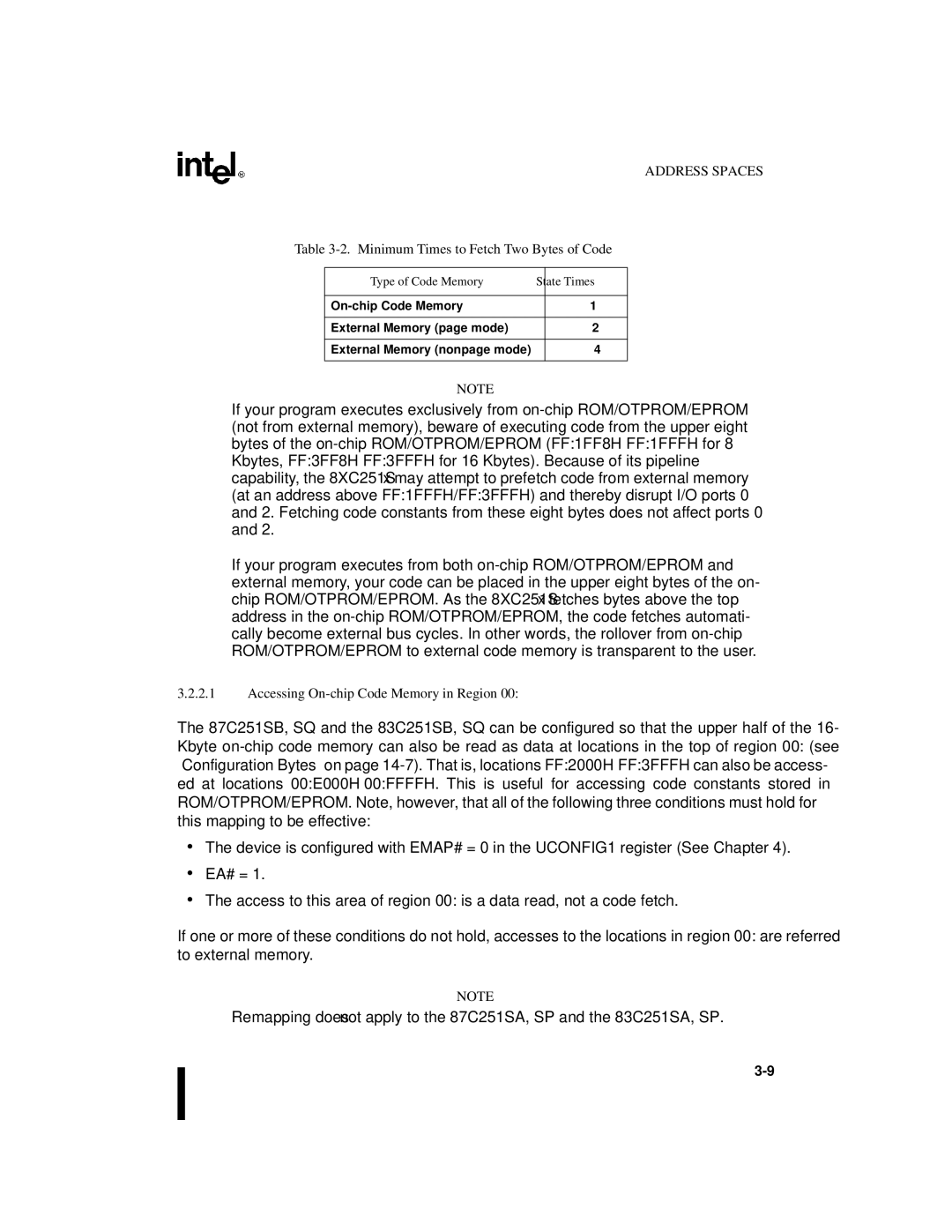 Intel 8XC251SP Minimum Times to Fetch Two Bytes of Code, Accessing On-chip Code Memory in Region, Type of Code Memory 