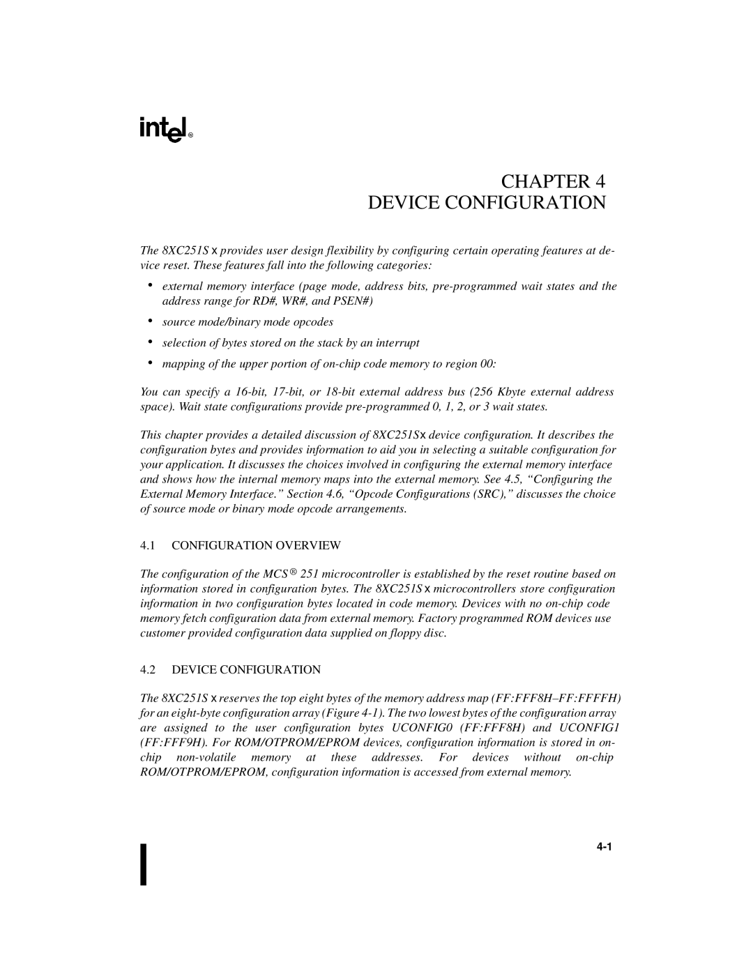 Intel 8XC251SA, 8XC251SP, 8XC251SQ, 8XC251SB, Embedded Microcontroller manual Configuration Overview, Device Configuration 