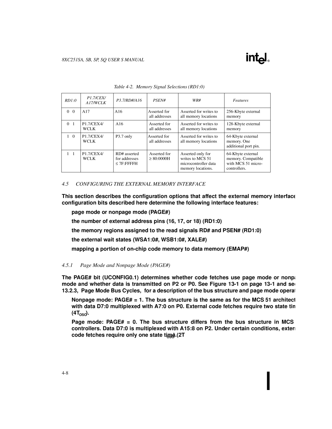 Intel 8XC251SQ manual Configuring the External Memory Interface, Mode and Nonpage Mode PAGE#, Memory Signal Selections RD10 