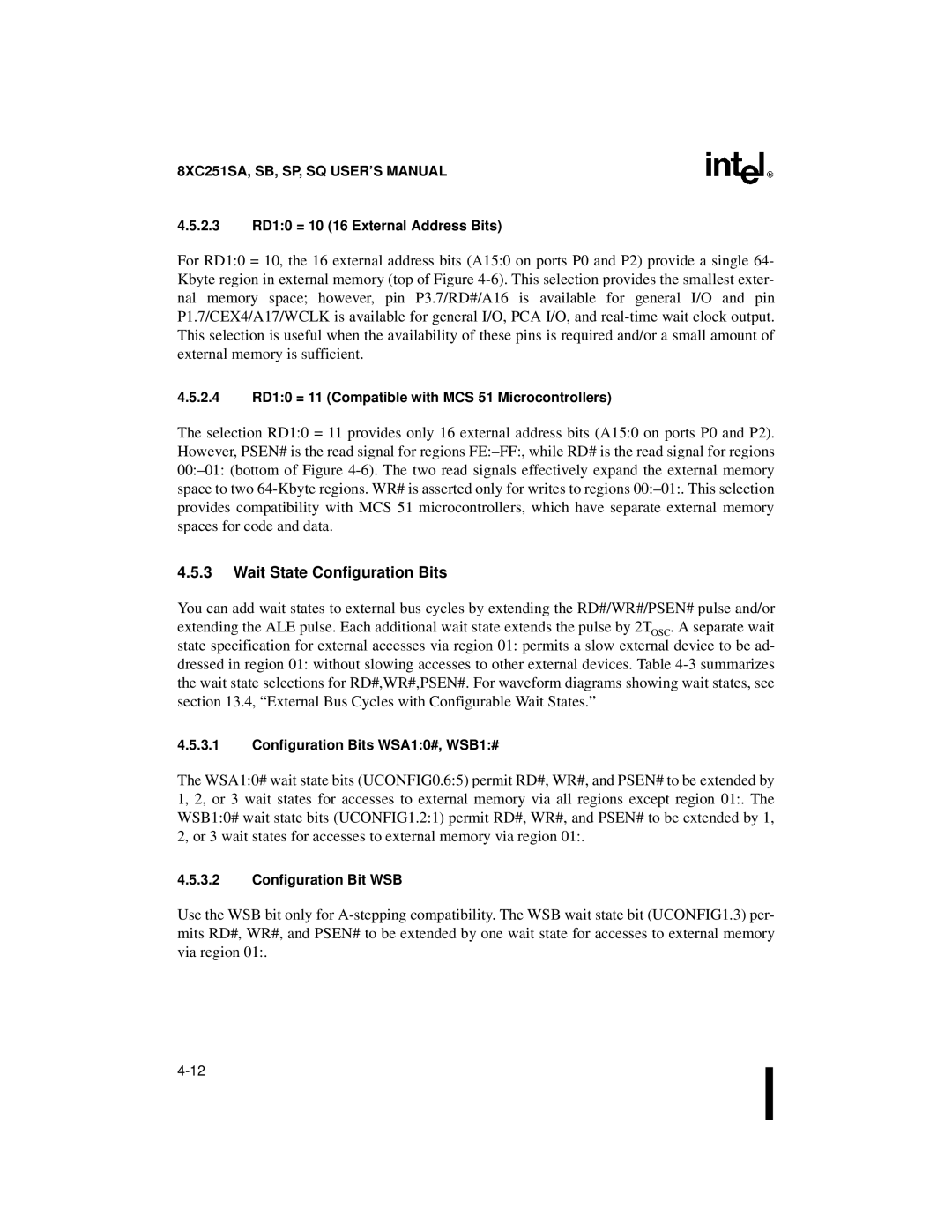 Intel 8XC251SP Wait State Configuration Bits, 2.3 RD10 = 10 16 External Address Bits, Configuration Bits WSA10#, WSB1# 