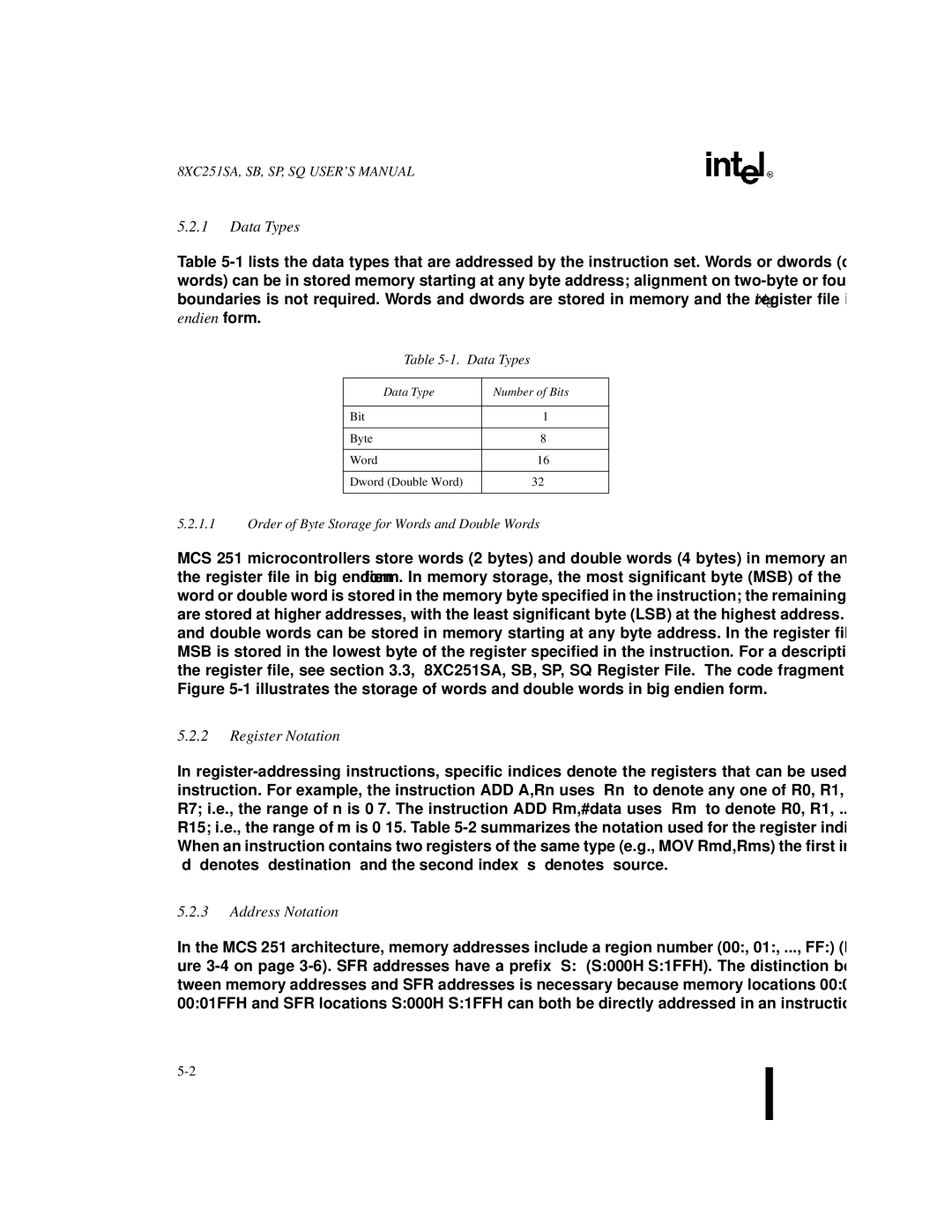 Intel Embedded Microcontroller, 8XC251SA, 8XC251SP, 8XC251SQ, 8XC251SB manual Data Types, Register Notation, Address Notation 