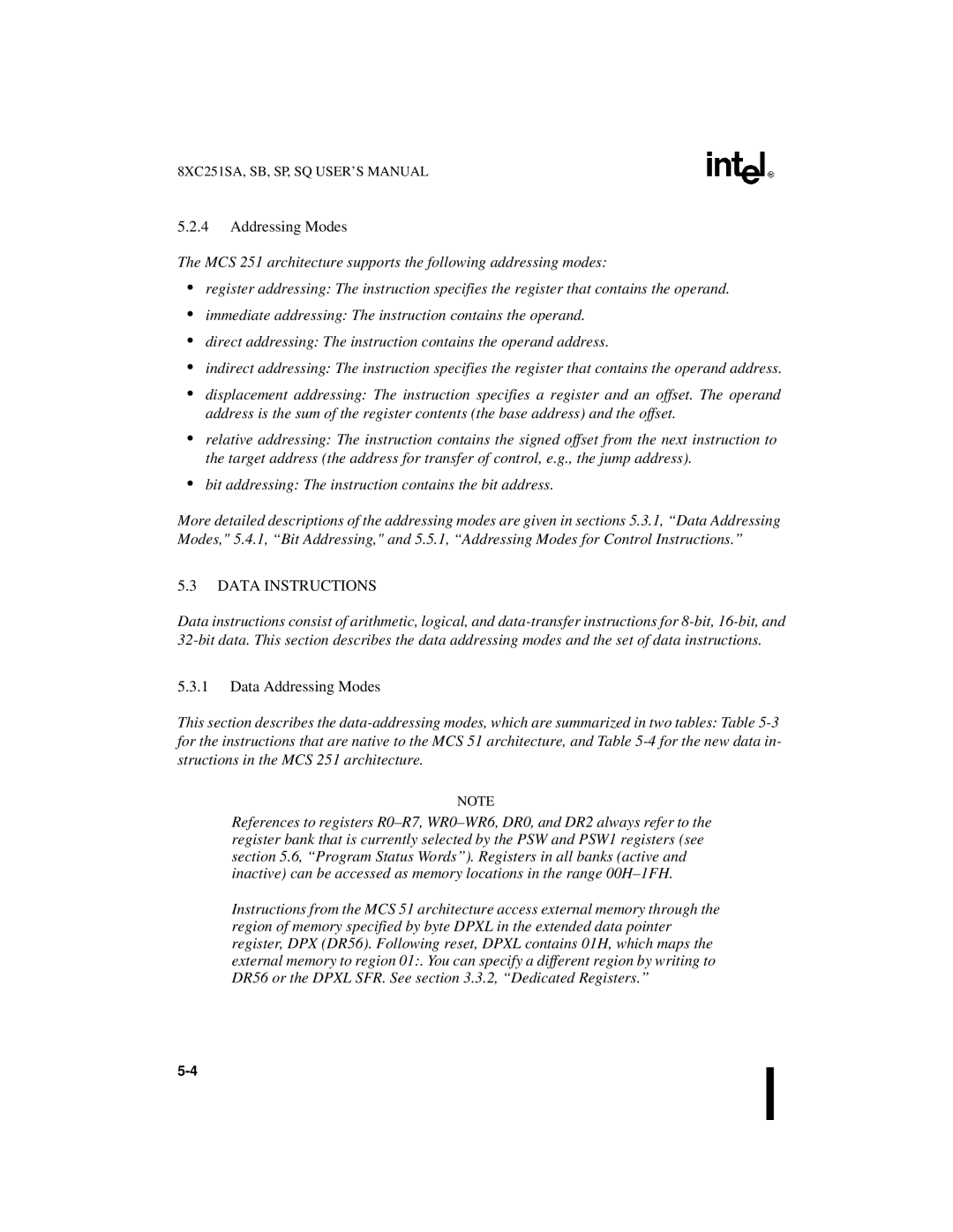 Intel 8XC251SP, 8XC251SA, 8XC251SQ, 8XC251SB, Embedded Microcontroller manual Data Instructions, Data Addressing Modes 