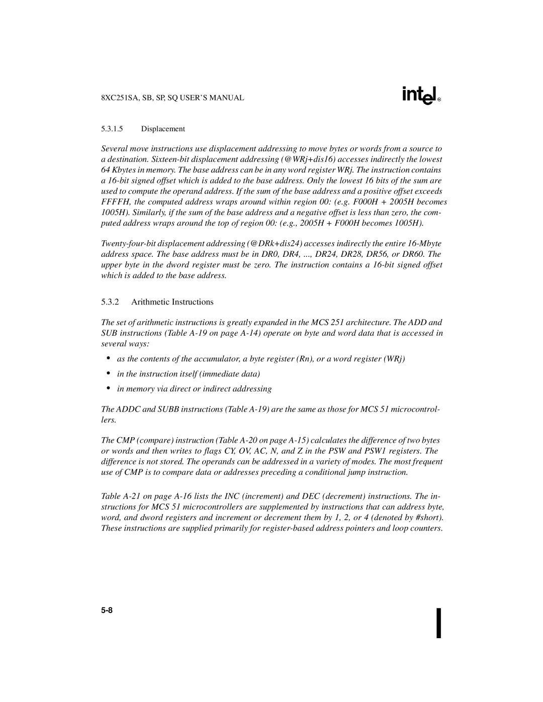 Intel 8XC251SA, 8XC251SP, 8XC251SQ, 8XC251SB, Embedded Microcontroller manual Arithmetic Instructions, Displacement 