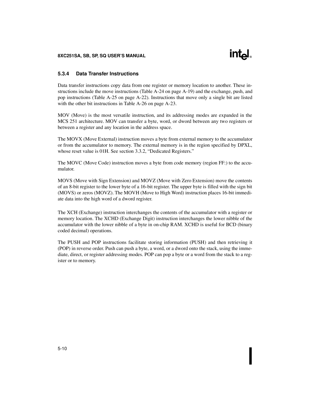 Intel 8XC251SQ, 8XC251SA, 8XC251SP, 8XC251SB, Embedded Microcontroller manual Data Transfer Instructions 