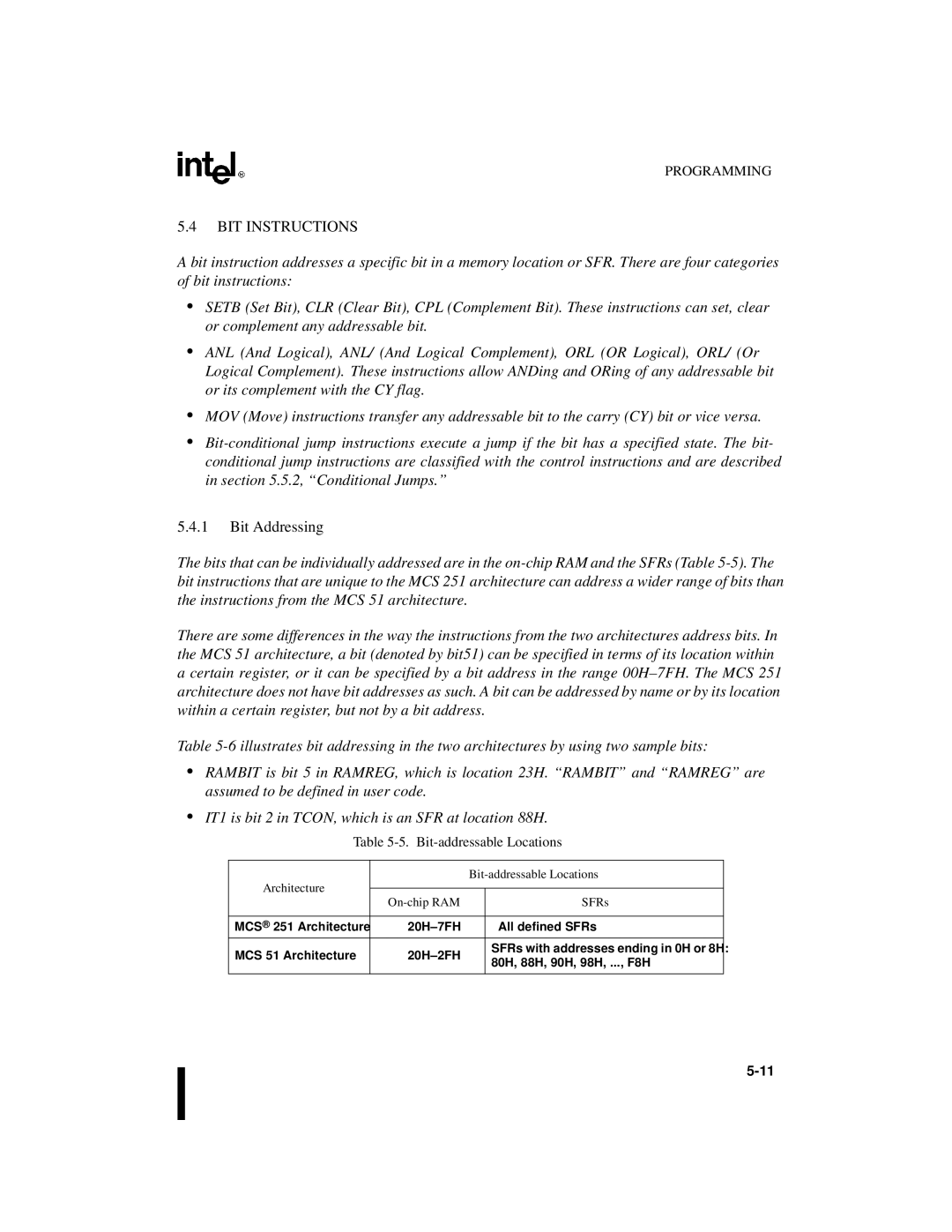 Intel 8XC251SB, 8XC251SA, 8XC251SP manual BIT Instructions, Bit Addressing, Architecture Bit-addressable Locations, SFRs 