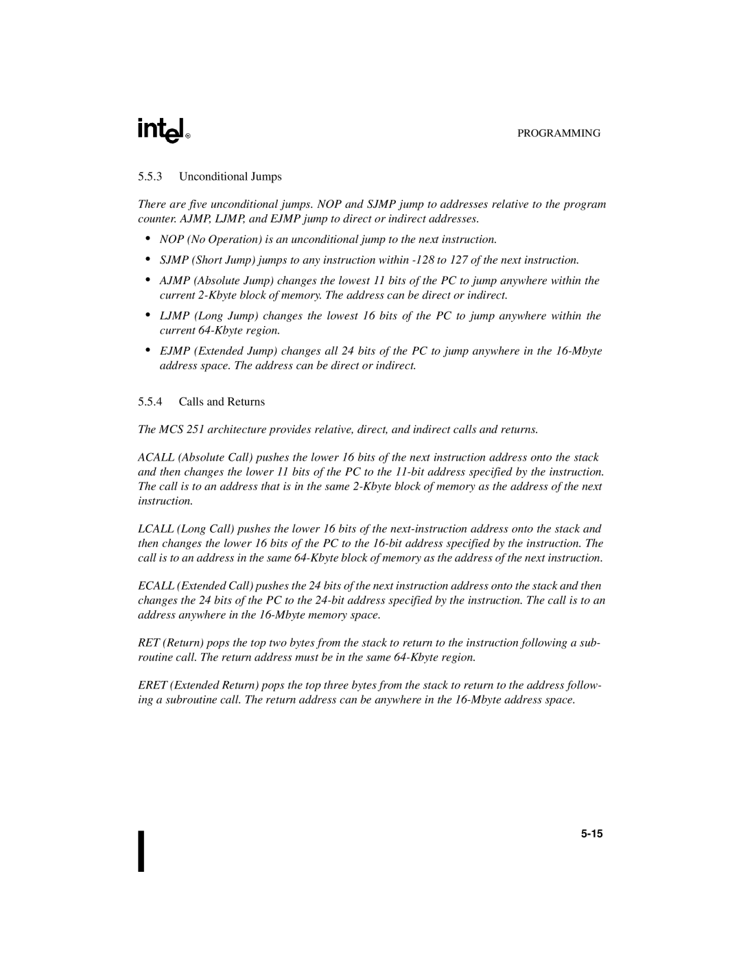 Intel 8XC251SQ, 8XC251SA, 8XC251SP, 8XC251SB, Embedded Microcontroller manual Unconditional Jumps, Calls and Returns 