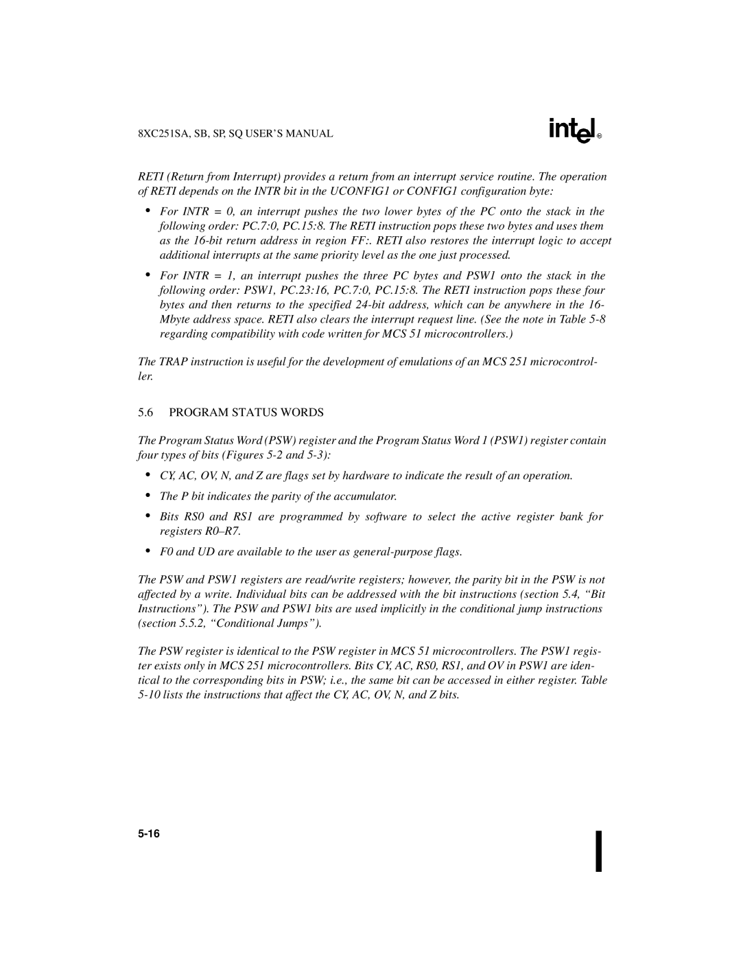 Intel 8XC251SB, 8XC251SA, 8XC251SP, 8XC251SQ, Embedded Microcontroller manual Program Status Words 