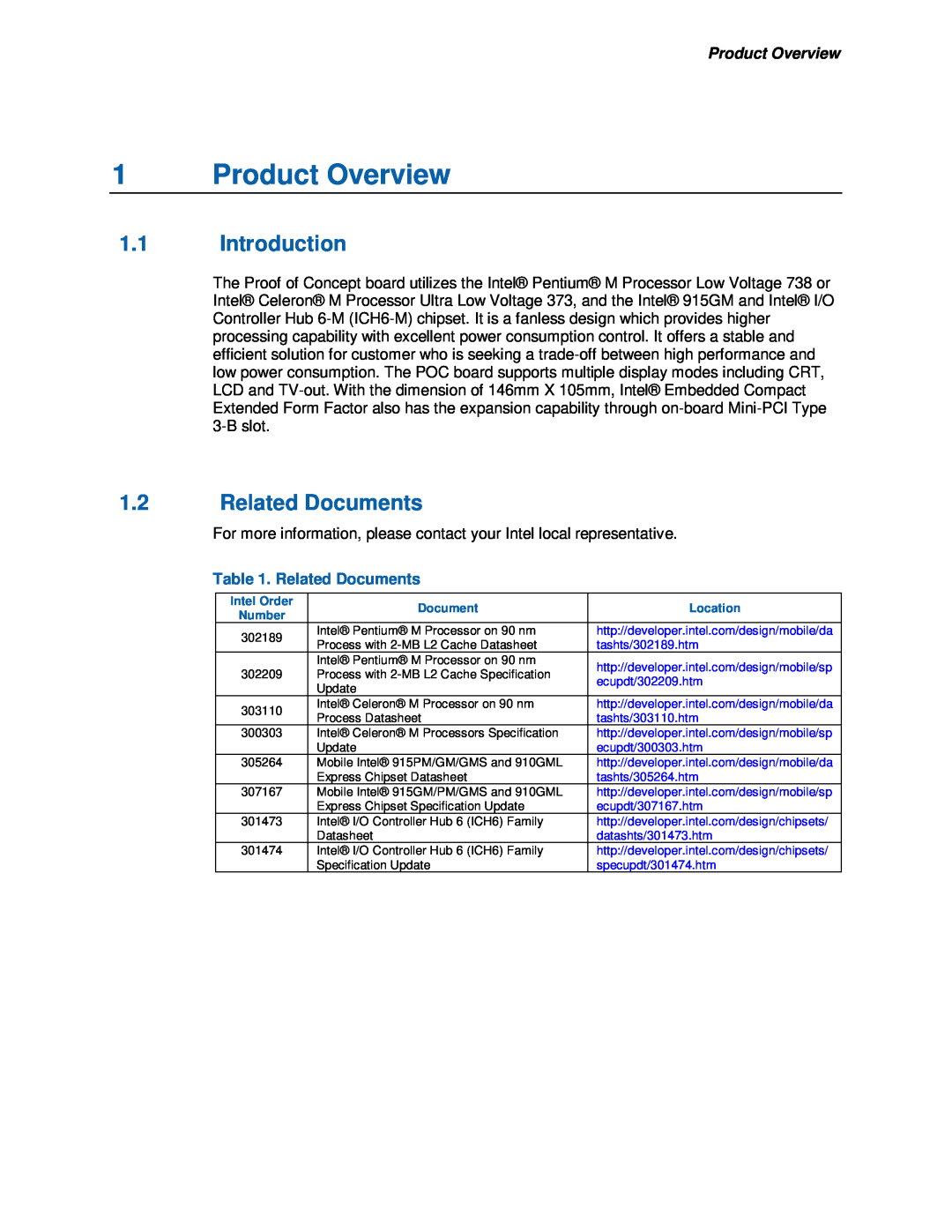 Intel 915GM user manual 1.1Introduction, 1.2Related Documents, 1Product Overview 